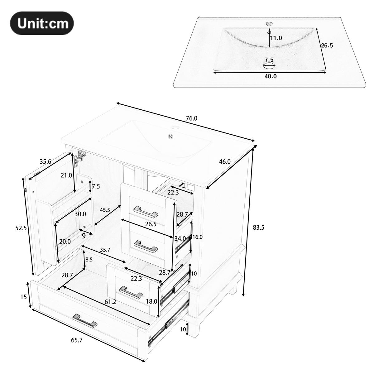 WASCHTISCHKOMBI Grau freistehend mit Keramikbecken & 3 Schubladen - Grau, Keramik/Holzwerkstoff (76/83.5/46cm) - Urban Meuble