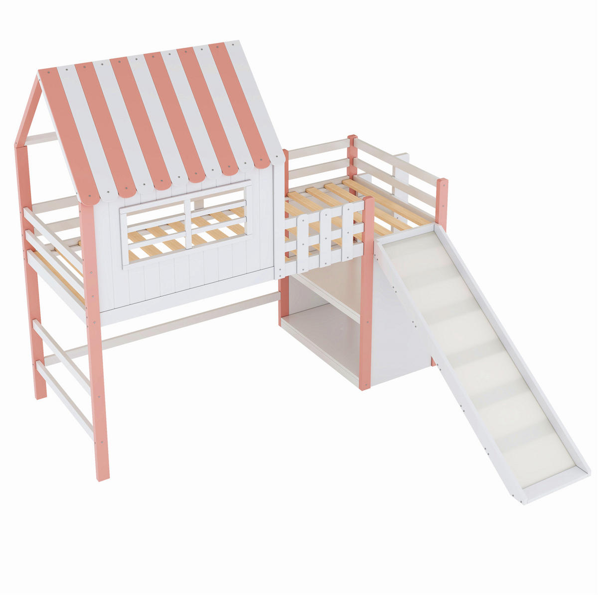 KINDERBETT 90/200 cm mit Rutsche, Leiter und Stauraum aus Holzwerkstoff mit Dachdesign, Rosa/Grün - Rosa, Holzwerkstoff (90/200cm) - Redom