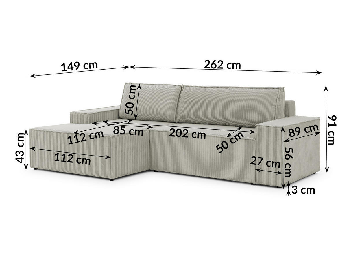 ECKSOFA Rivio mit Schlaffunktion und Bettkasten, Cordstoff Taupe - Taupe/Schwarz, Holz/Kunststoff (149/262cm) - S-Style