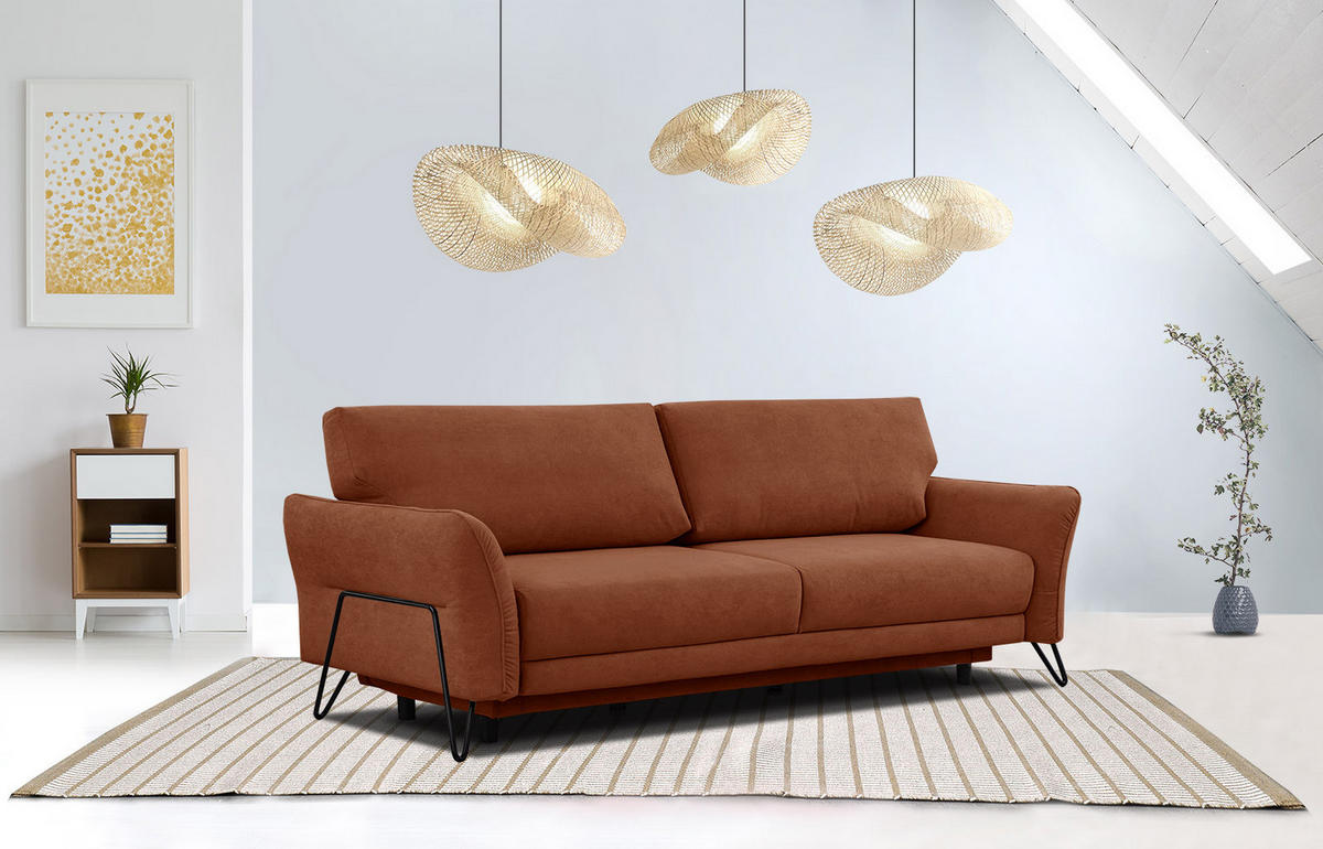 SOFA LOREM 3-Sitzer mit Schlaffunktion, dunkelorange - Dunkelorange/Schwarz, Holz/Textil (232/90/107cm) - Courtois Laville