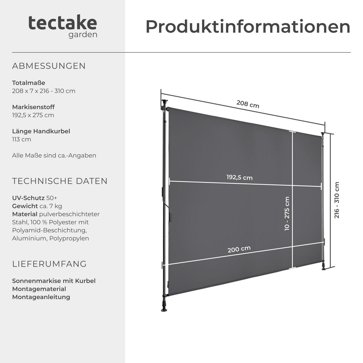 KLEMMMARKISE Taija,leichtgängige Handkurbel,dunkelgrau - Dunkelgrau, Kunststoff (208/310cm) - tectake