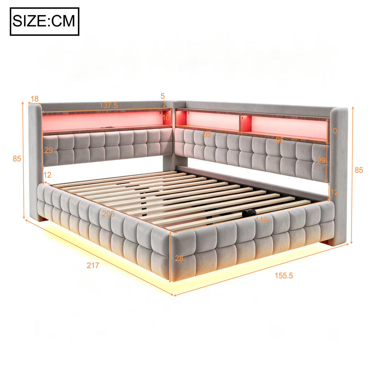 POLSTERBETT Hellgrau 140×200cm mit hydraulischem Stauraum, Holzregal, LED-Lichtleiste und Ladeanschlüssen - Hellgrau, Textil (140/200cm) - Luhomfu