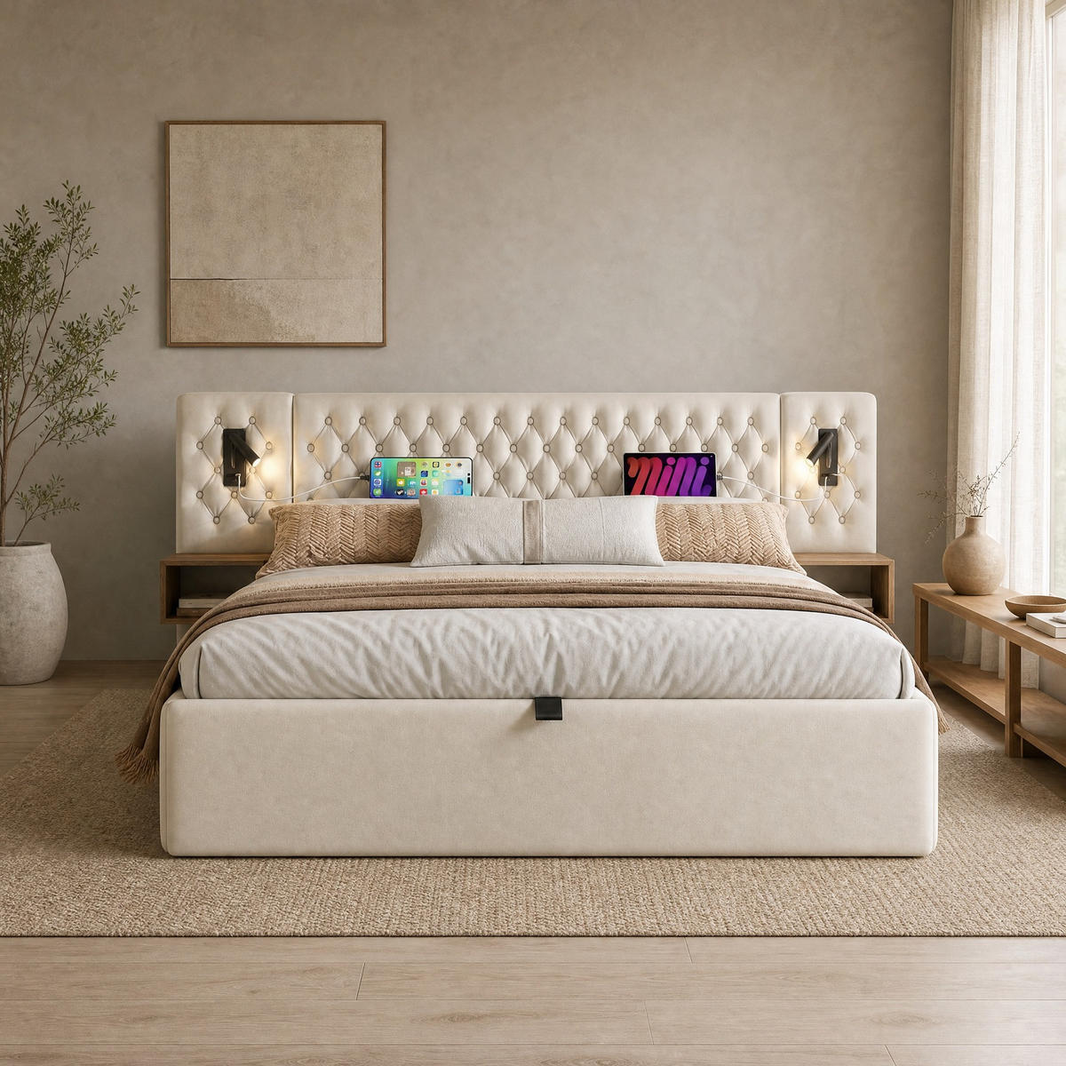 POLSTERBETT 180/200 mit Bettkasten, Nachttischen und USB in Beige - Beige/Grau, Holzwerkstoff/Textil (180/200cm) - EVRYAE