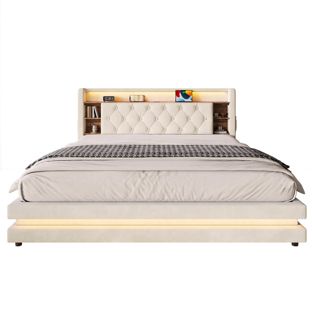 POLSTERBETT 180x200 cm in Beige mit LED-Beleuchtung, Bettkasten und USB-Anschlüssen - Beige, Textil (180/200cm) - IVMEU