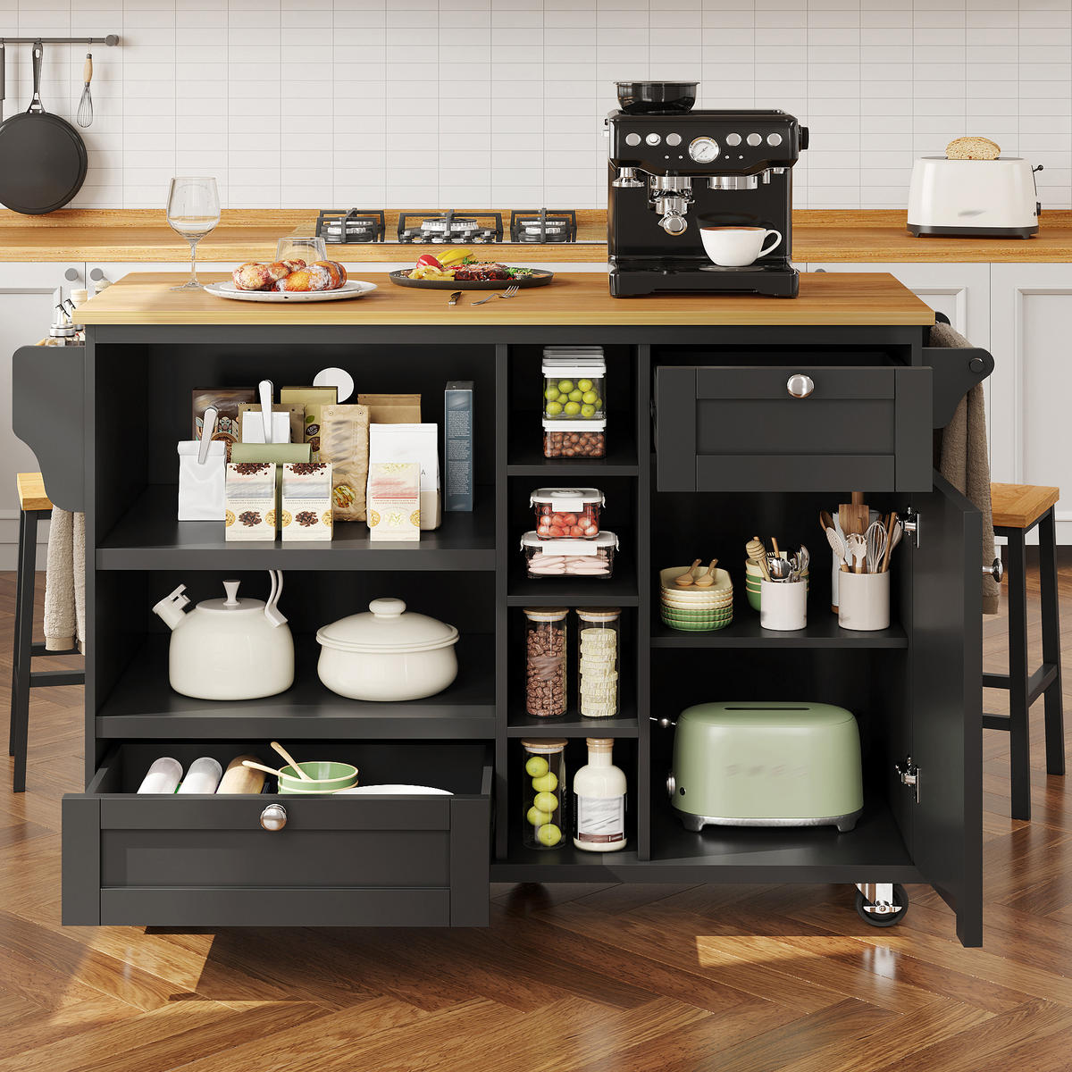 KÜCHENINSEL 129/46/92 cm Schwarz mit Holzplatte, Schubladen, Schrank, Regal und 5 Rollen - Schwarz, Holz/Holzwerkstoff (129/92/46cm) - Oxeza
