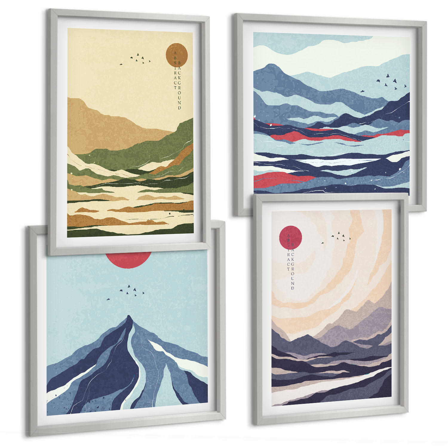 BILDER SET 4er Set - 50x50 cm & 40x60 cm Silberner Rahmen - Pastellfarbene Berge im Japandi-Stil - Silberfarben, Kunststoff (50/50cm) - TULUP
