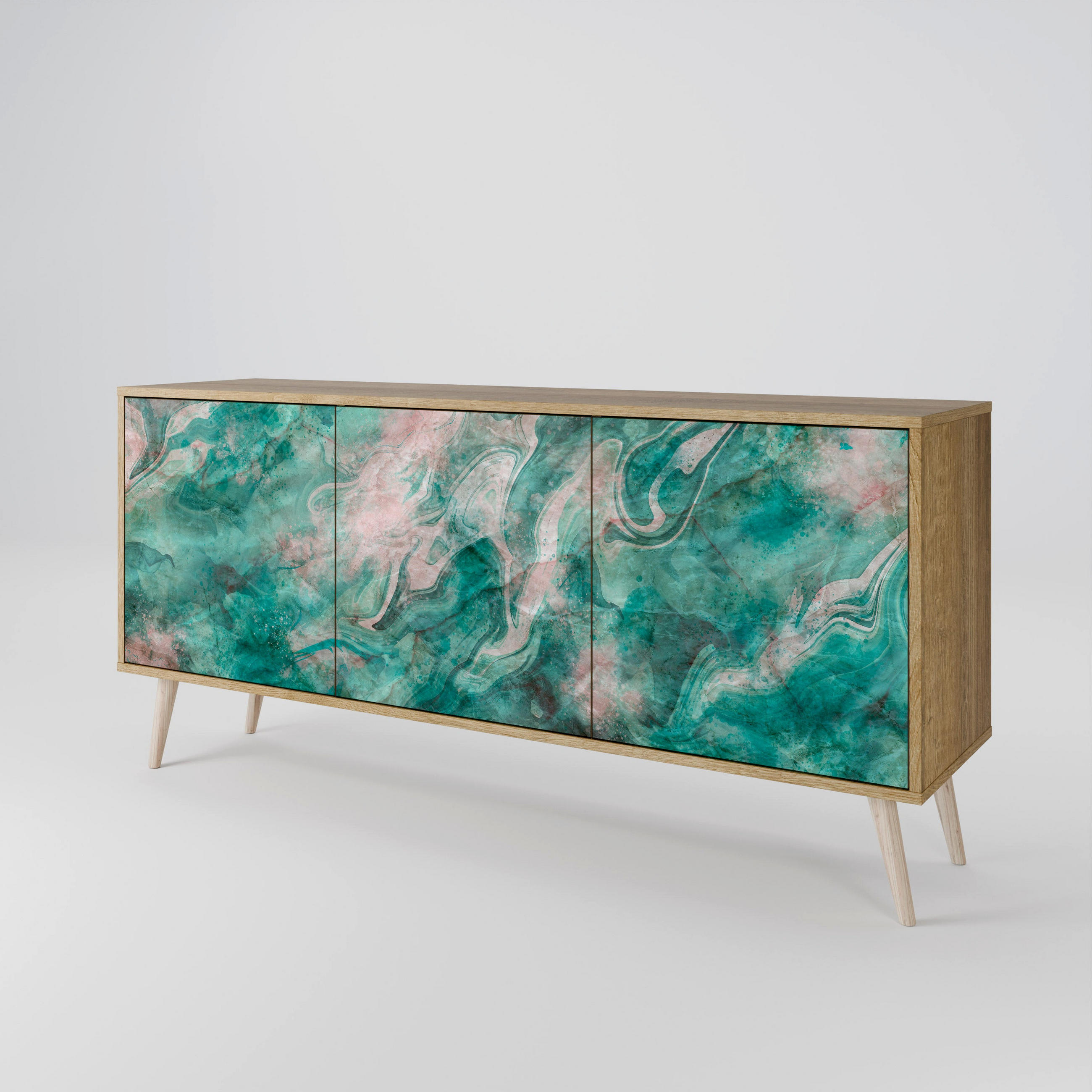 SIDEBOARD ABSTRACT ALCHEMY, Eicheneffekt, 164,5x42x77,5 cm, 3 Türen - Eichefarben/Buchefarben, Holzwerkstoff/Buchenholz (164.5/77.5/42cm) - SpaceRebels