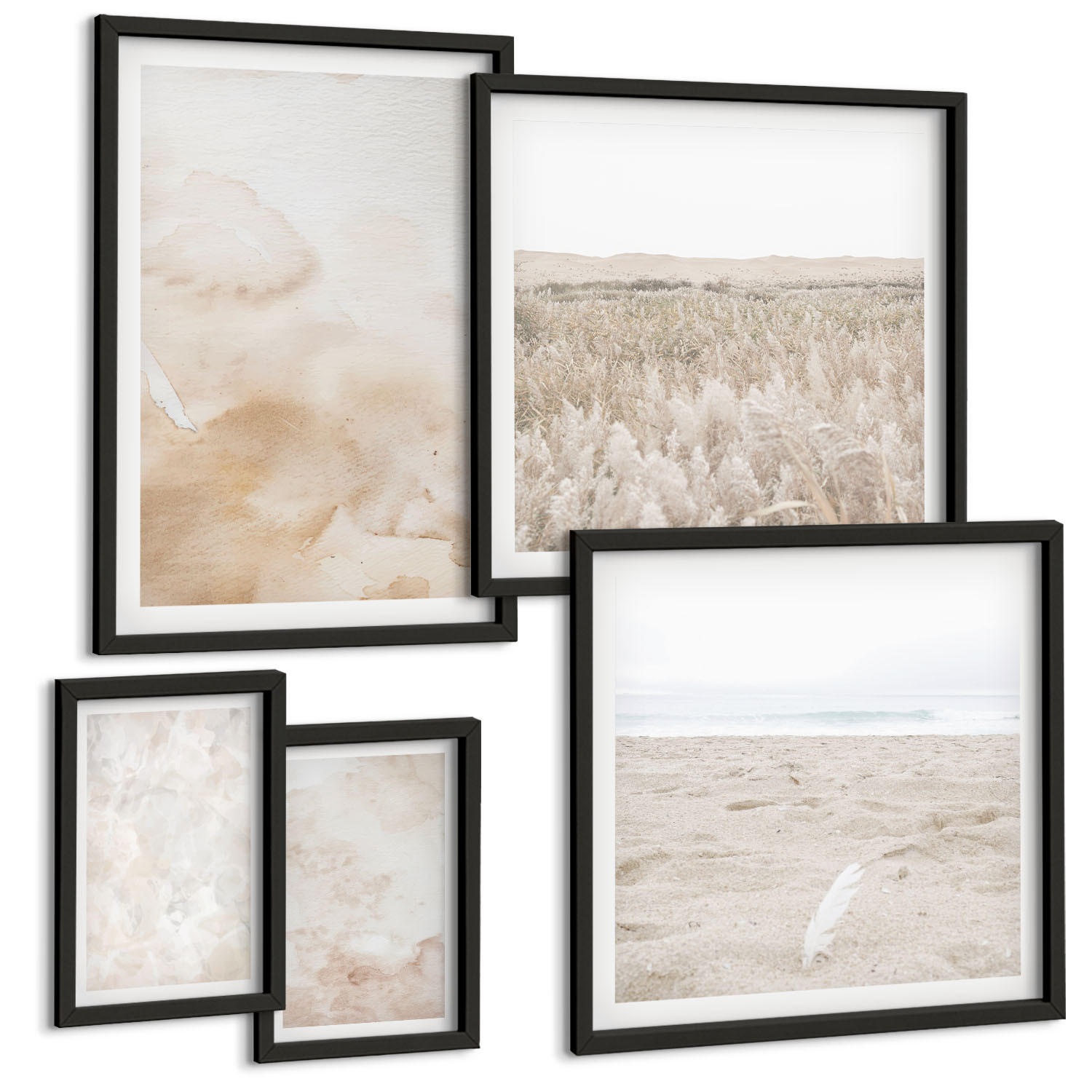 BILDER SET 5er Set - 50x50 cm & 20x30 cm & 40x60 cm Schwarzer Rahmen - Modische Pastelltexturen - Schwarz, Kunststoff (40/60cm) - TULUP
