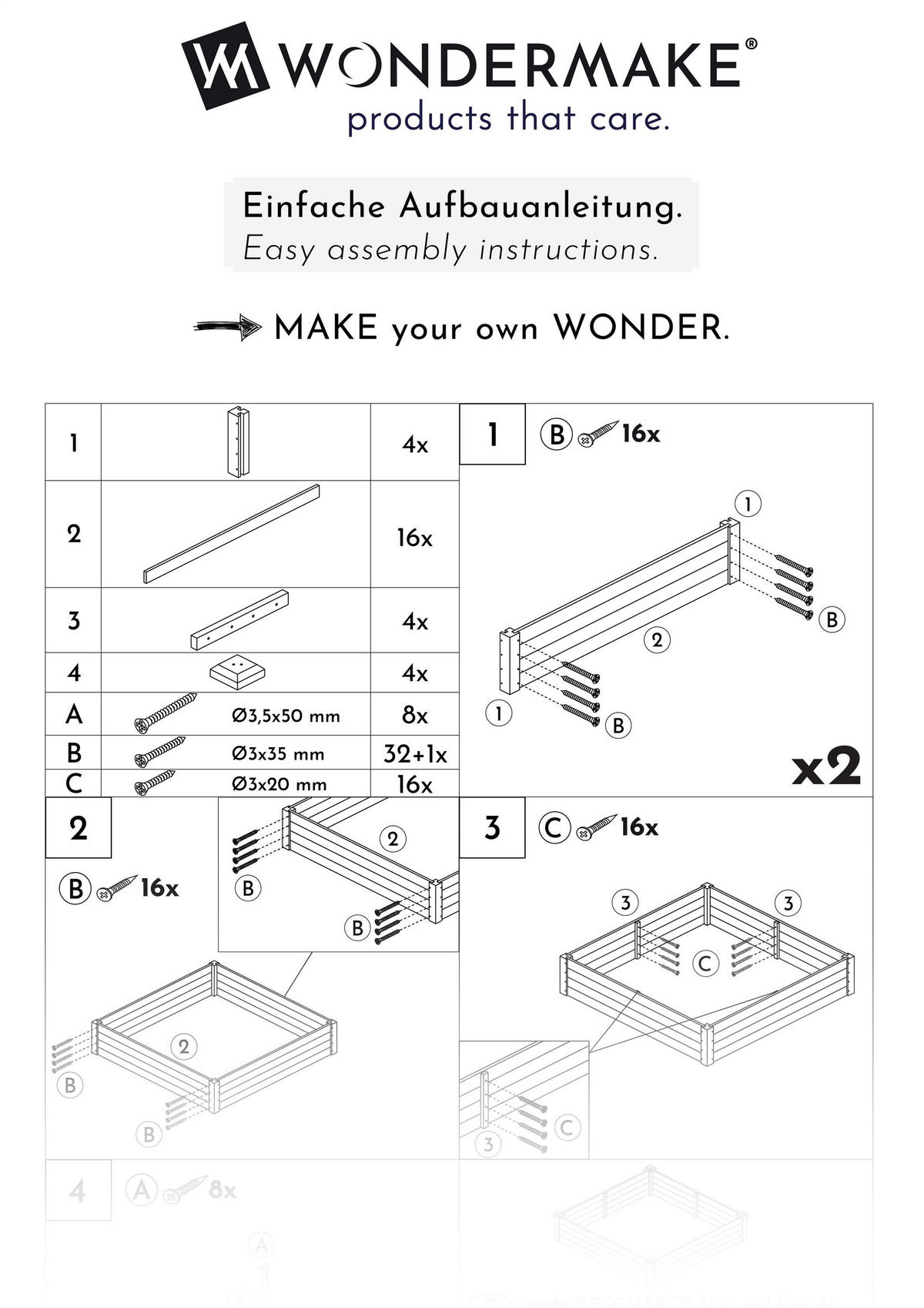 HOCHBEET-UMRANDUNG aus Holz für Garten, quadratisch - Weiß, Holz (120/26.5/120cm) - WONDERMAKE