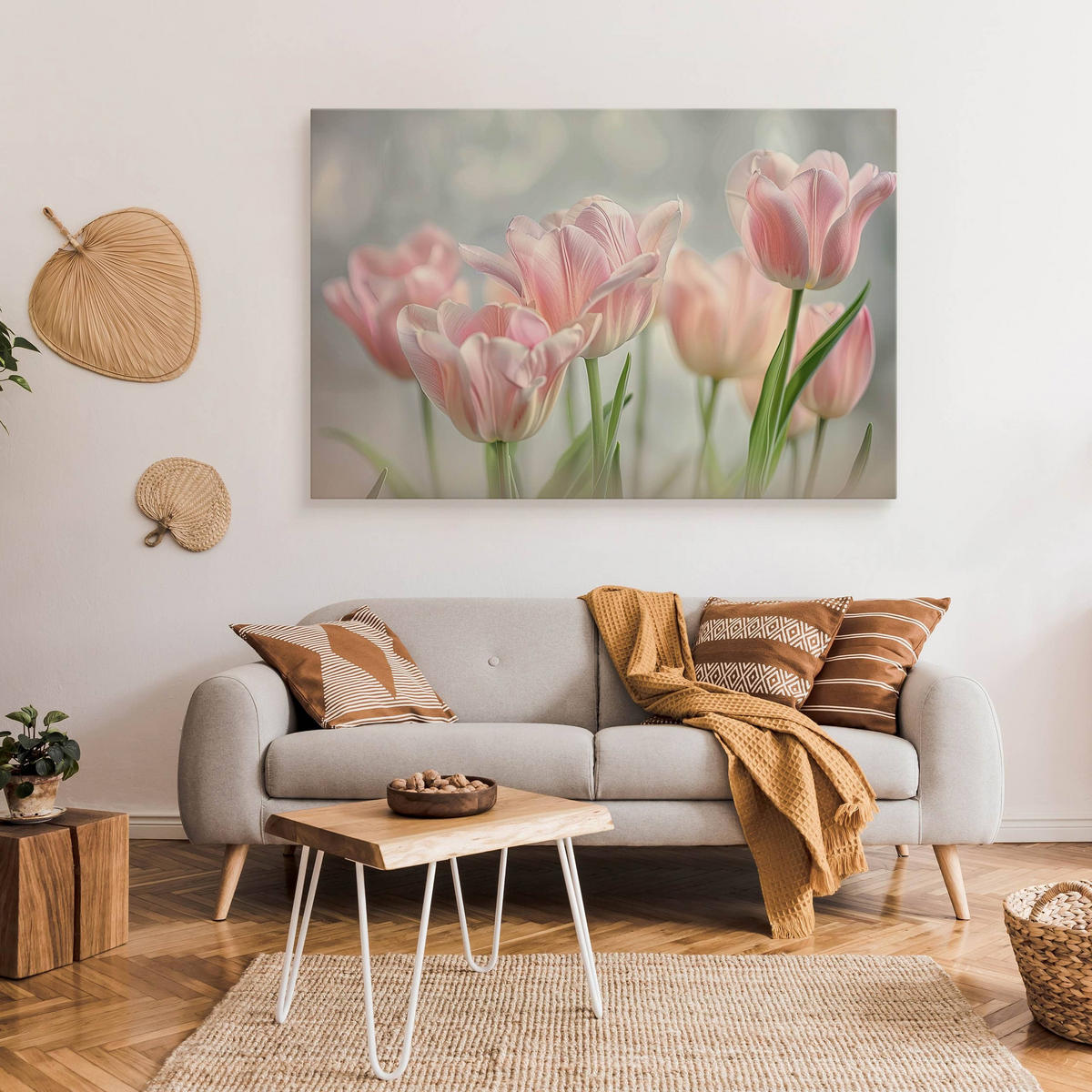 LEINWANDBILD für Wohnzimmer Blumen Tulpen Blätter Natur 120cm x 80cm - Weiß/Rosa, Textil (120/80cm) - Muralo