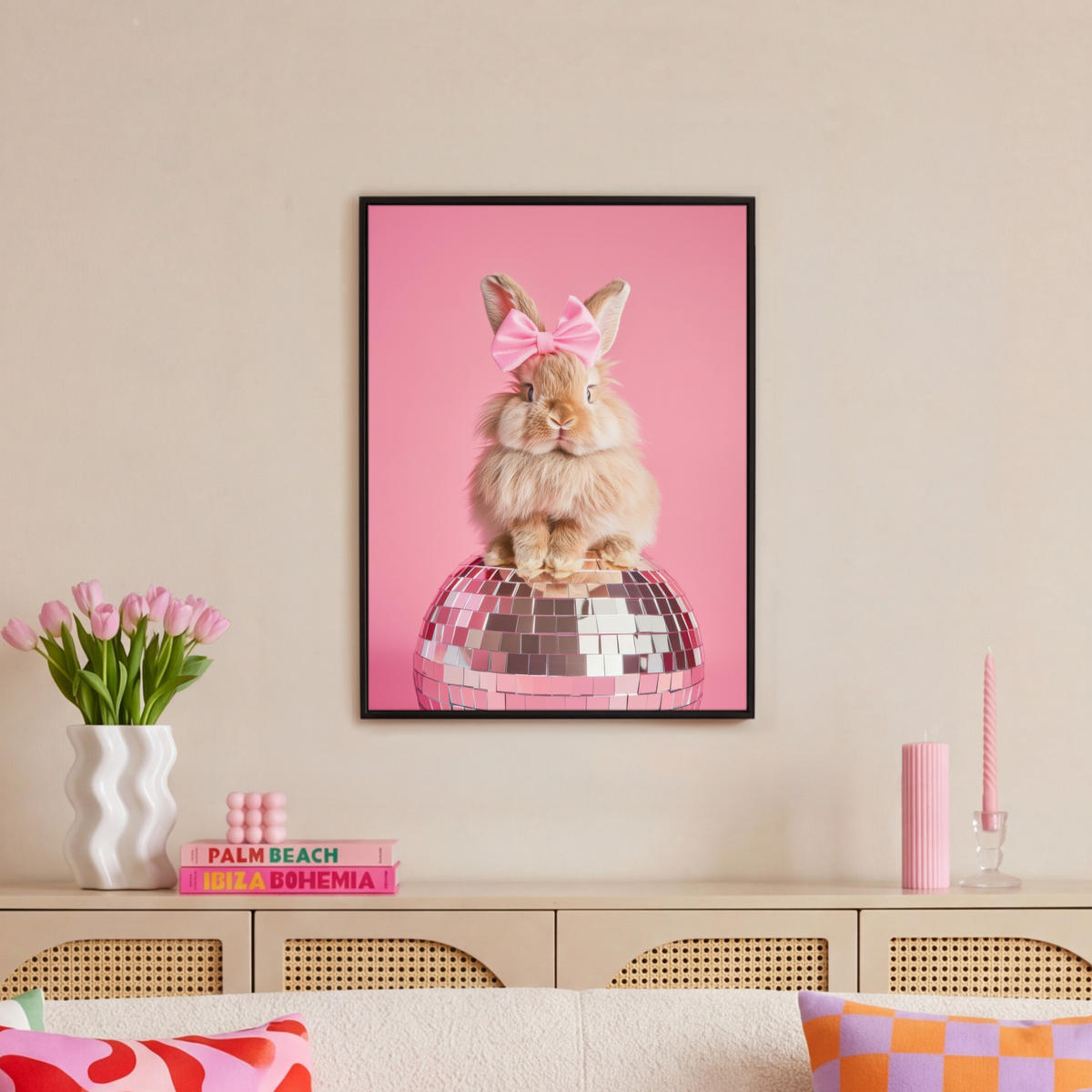 LEINWAND Bilder mit Rahmen - Schleife - Discoball - Kaninchen - 50x70 - Pink, Textil (50/70cm) - MuchoWow