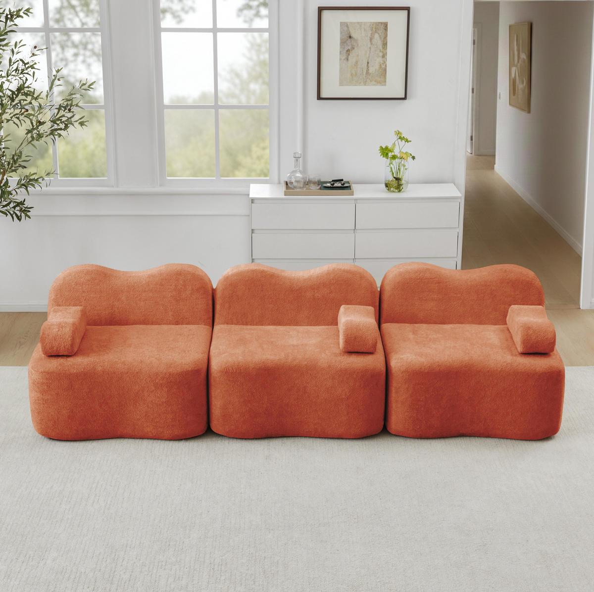 SOFA modular in Wellenform Samt Orange - Orange, Holzwerkstoff (98/70/288cm) - Meubliv