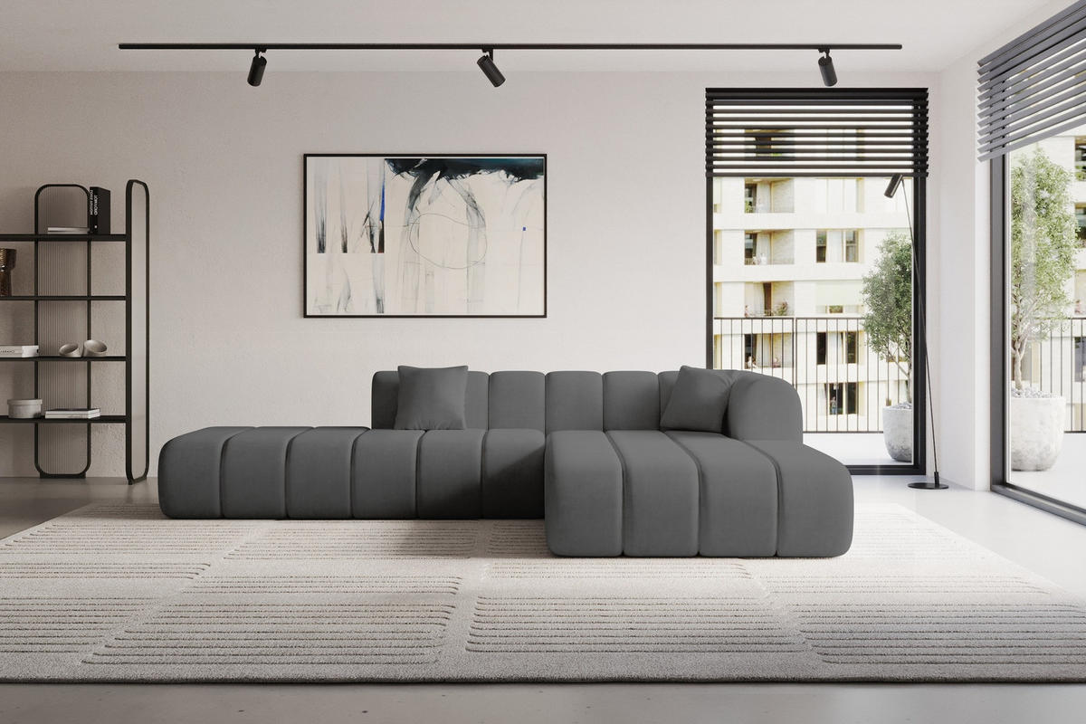 ROHOVÁ SEDAČKA s otomanem, pravá BILA-L 289x176x71 Tmavě šedá Velur - černá/tmavě šedá, kompozitní dřevo/textil (289/176cm) - ALTDECOR