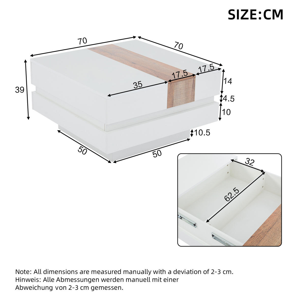 COUCHTISCH aus Spanplatte 70x70x39 cm in Weiß mit Ausziehplatte & Stauraum - Weiß, Holzwerkstoff (70/70/39cm) - Modfu