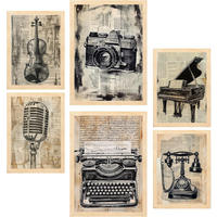 POSTER Set Mit 6 Vintage Liebe Kamera Mikro Klavier Violine Telefon A3 & A4 Rahmen Aus Hellem Holz - Beige, Papier (29/3/42cm) - Nacnic