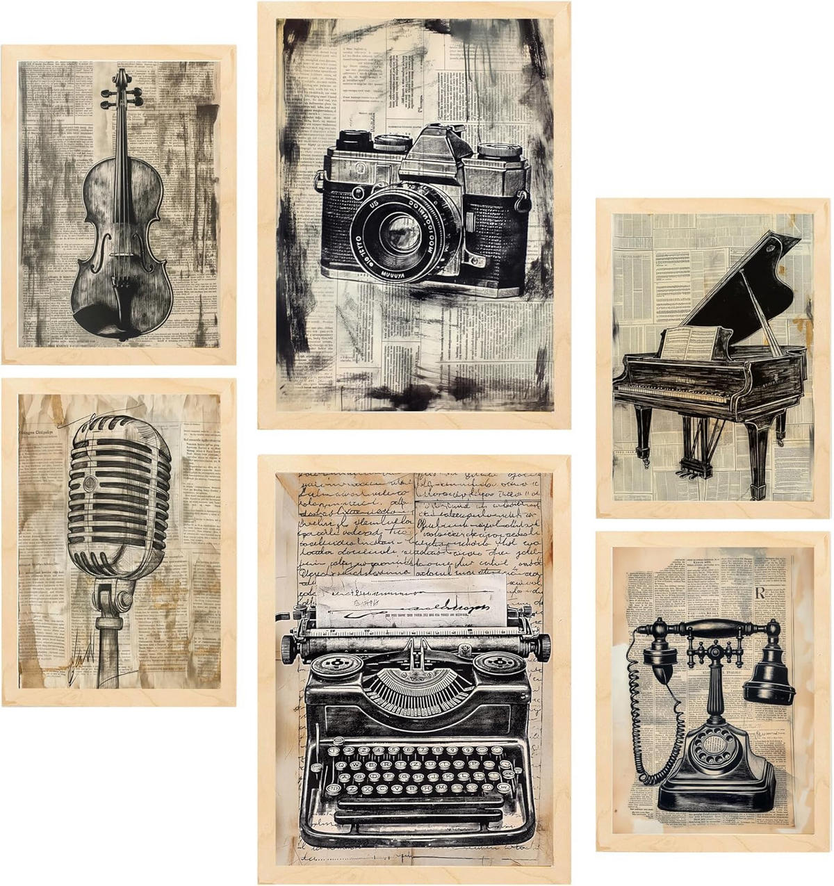 POSTER Set Mit 6 Vintage Liebe Kamera Mikro Klavier Violine Telefon A3 & A4 Rahmen Aus Hellem Holz - Beige, Papier (29/3/42cm) - Nacnic