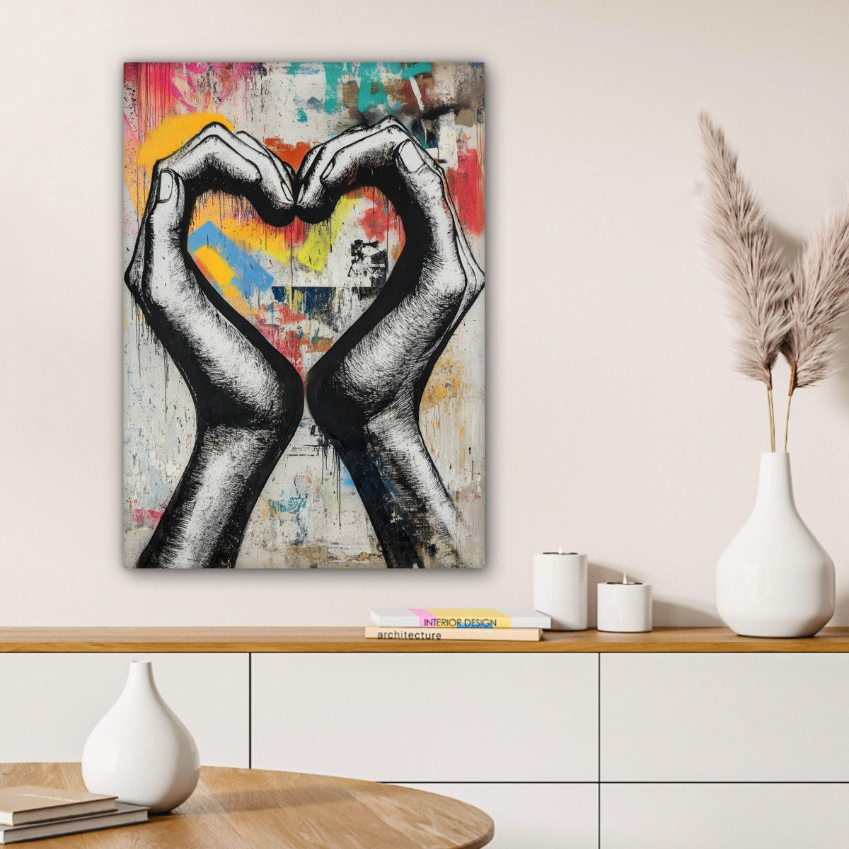OBRAZ NA PLÁTNE Ruky - Srdce - Street art - Graffiti 60x80 cm - viacfarebná, textil (60/80cm) - MuchoWow