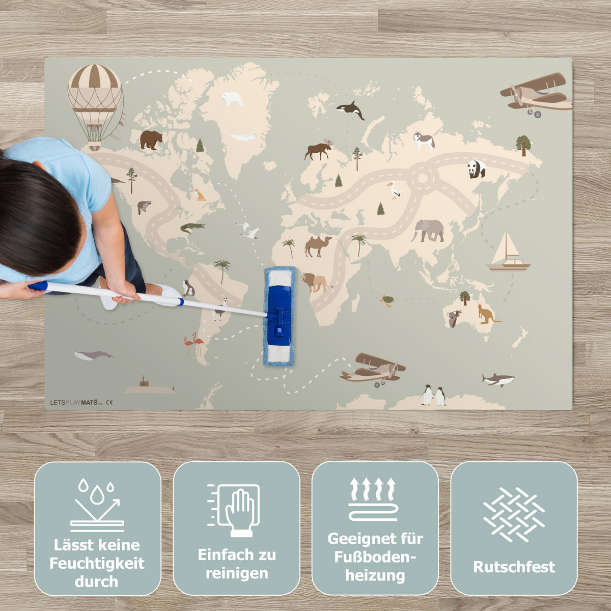 KINDERTEPPICH Weltkarte - Tiere - Flugzeug - Kind - Heißluftballon 135x90 cm - Multicolor, Kunststoff (135/90cm) - MuchoWow