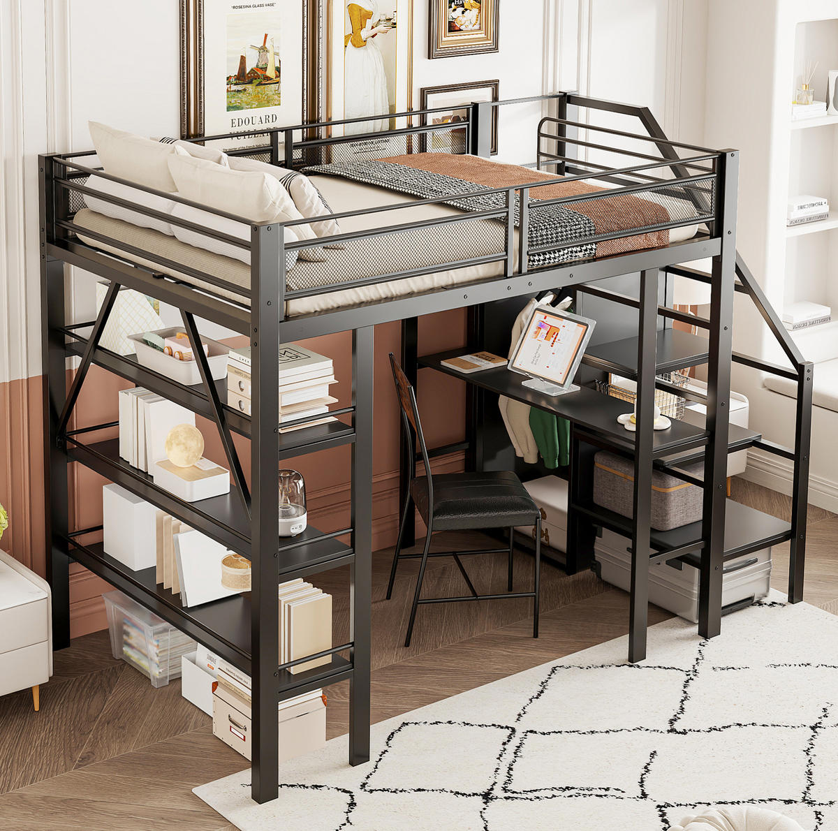 HOCHBETT aus Metall 140x200 cm Schwarz mit Schreibtisch, Kleiderschrank, Regal und Sicherheitstreppe - Schwarz, Metall (90/200cm) - Modfu