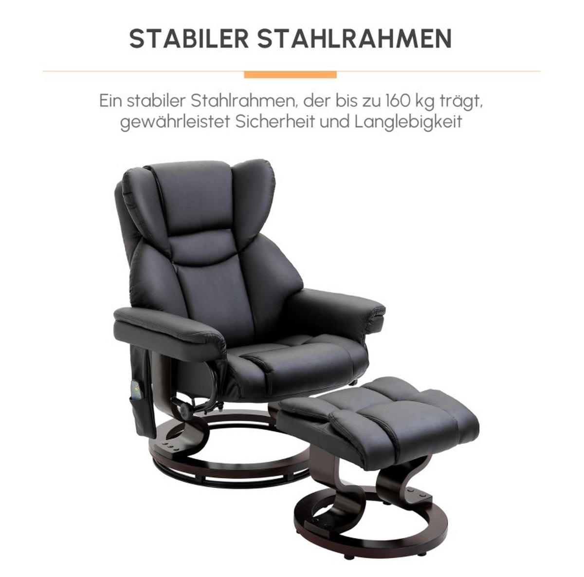 RELAXSESSEL Bonded Leather mit Massagefunktion, Hocker 79/82/101 cm Schwarz - Schwarz, Kunststoff (82/101/79cm) - Redom
