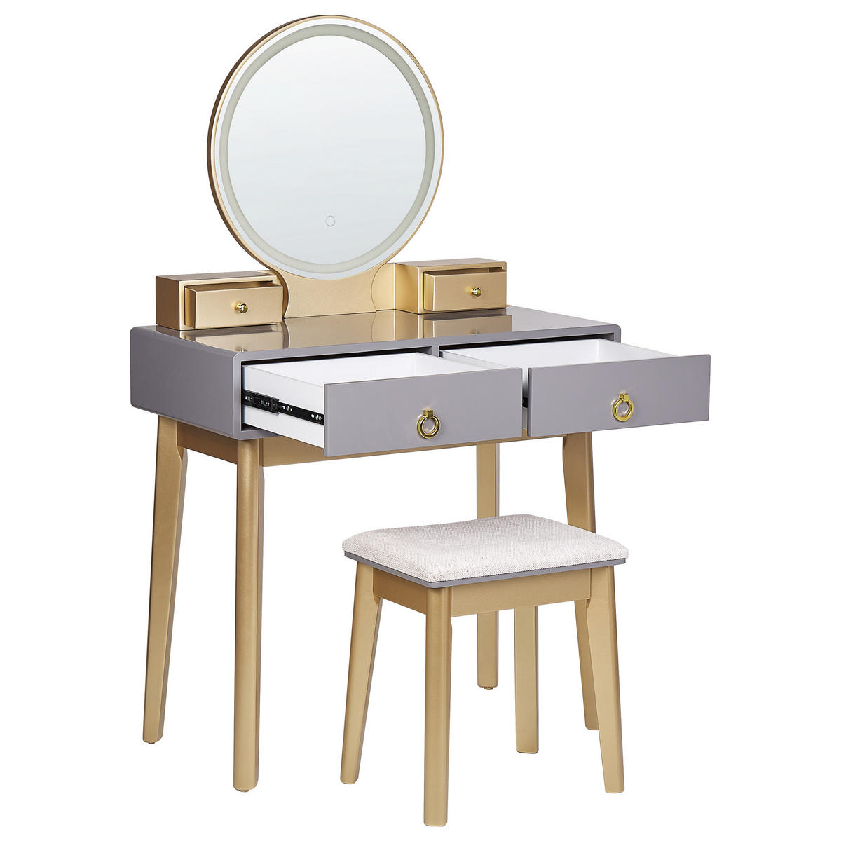 SCHMINKTISCH mit rundem LED-Spiegel Hocker 4 Schubladen grau/gold Fedry - Goldfarben/Grau, Holzwerkstoff (80/134/40cm) - Beliani