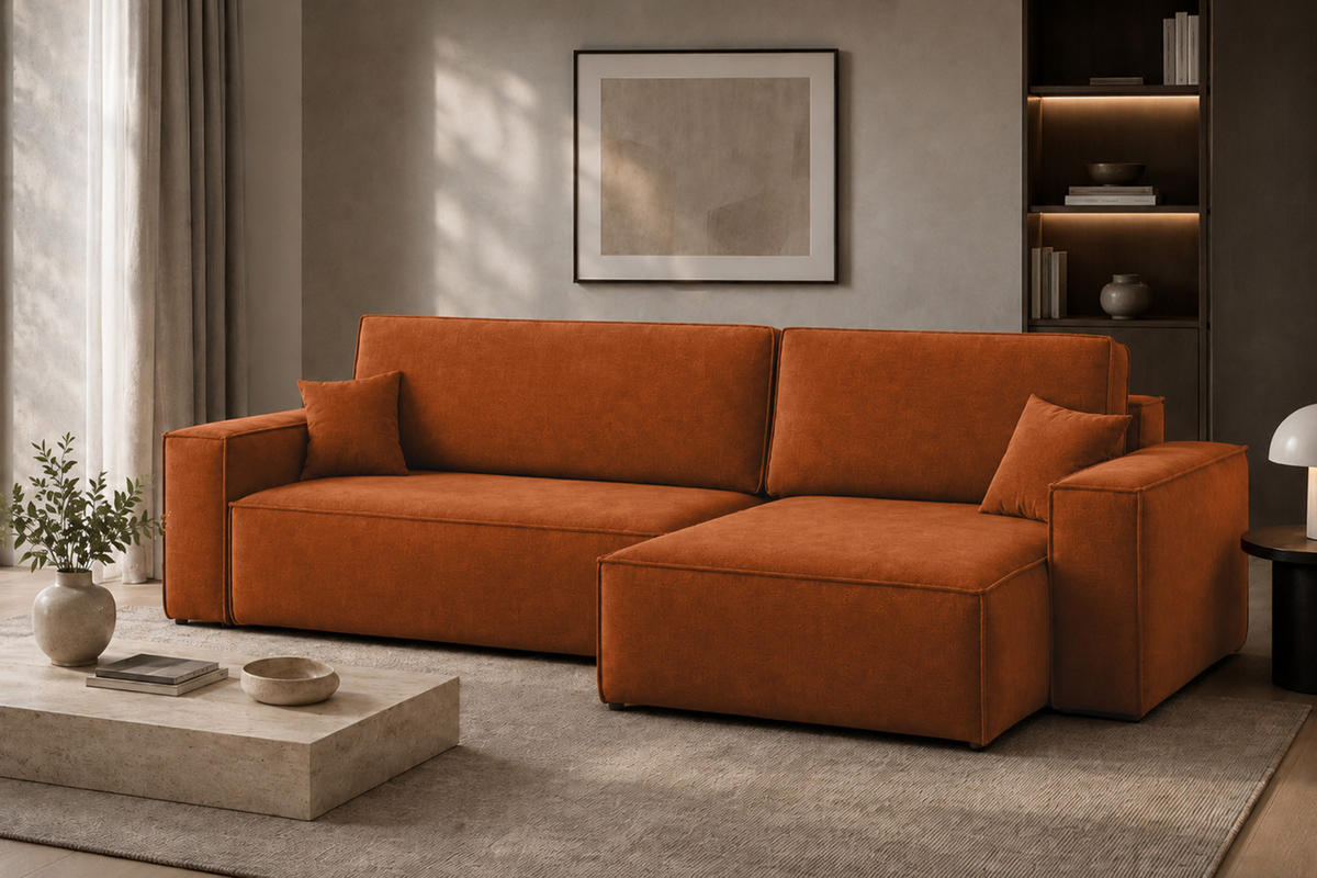 ECKSOFA L-Form Mit Schlaffunktion Und Bettkasten, Veloursstoff Bluvel, Zimtfarbe, Rechts, BEST XL - Kupferfarben, Holz (274/142cm) - Kaiser Möbel