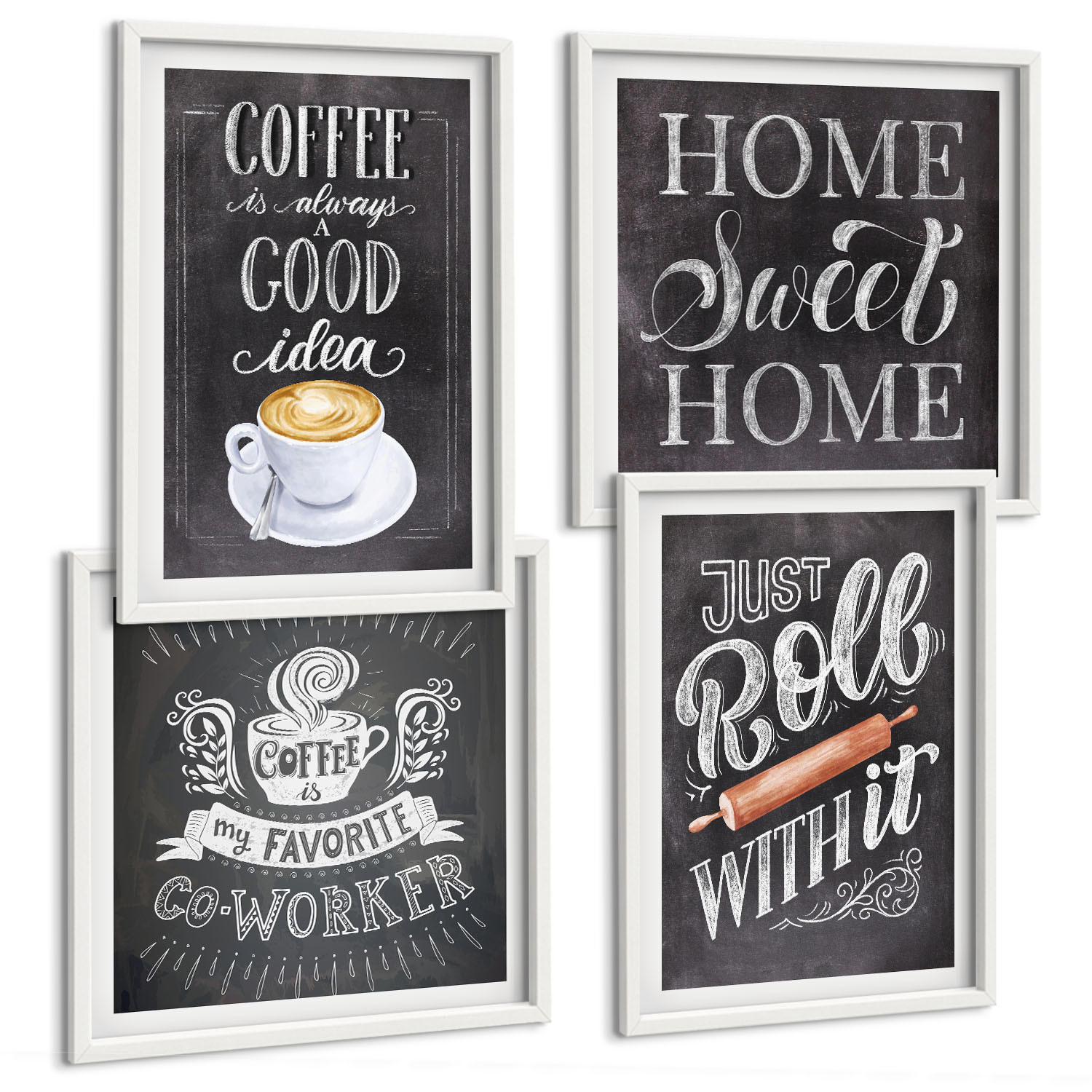 BILDER SET 4er Set - 50x50 cm & 40x60 cm Weißer Rahmen - Kaffeeroller, heimelige Wärme - Weiß, Kunststoff (50/50cm) - TULUP
