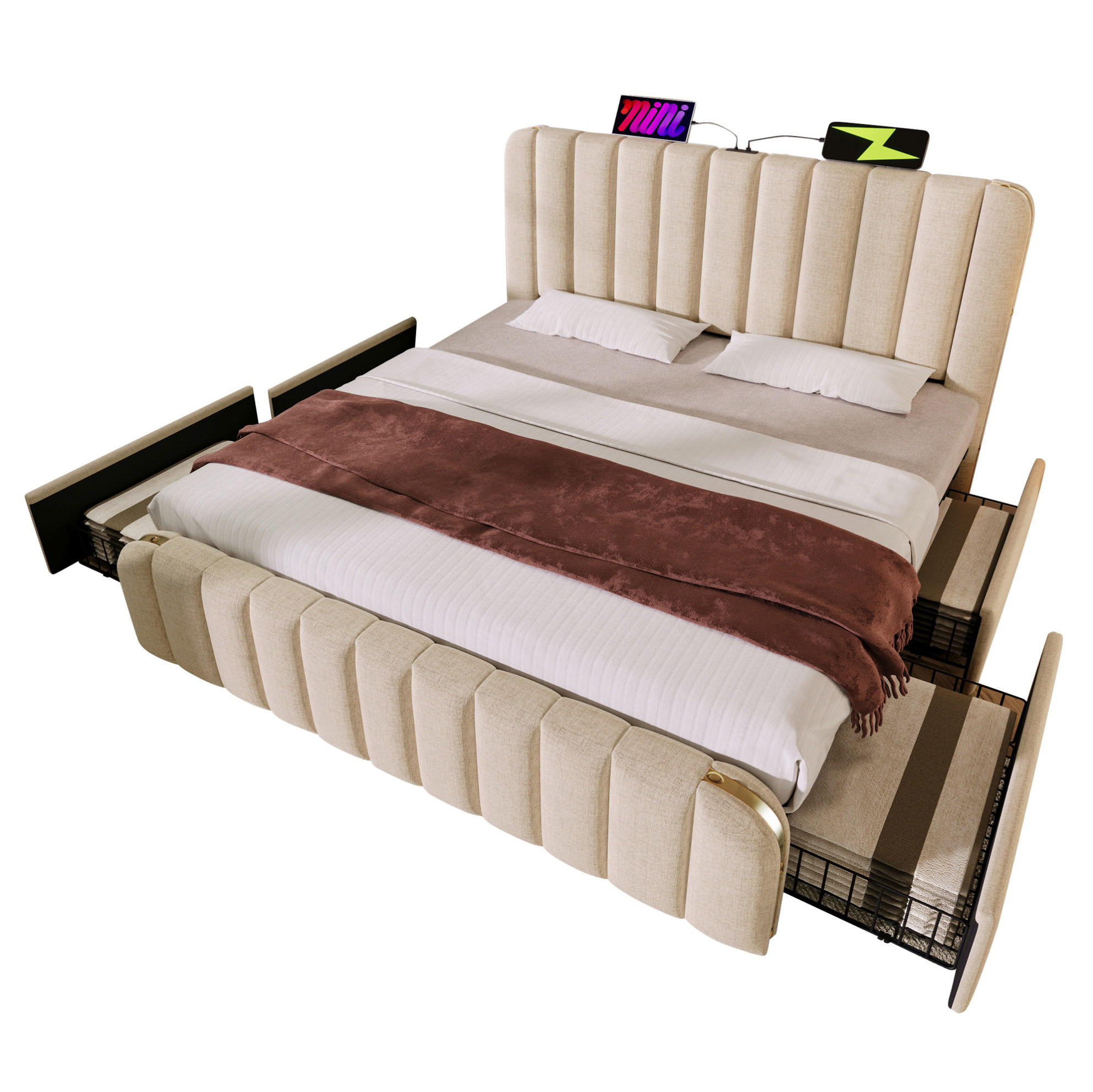 Redom ČALOUNĚNÁ postel 140/200 cm s USB-C nabíjením, 4 zásuvkami a zlatými kovovými detaily, Béžová