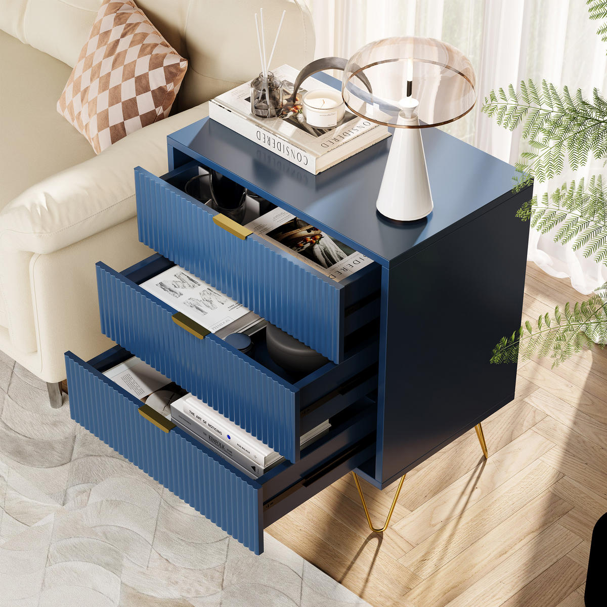 KOMMODE Dunkelblau mit 3 Schubladen & goldenen Metallfüßen - Dunkelblau, Holzwerkstoff (40/70/60cm) - SHOPENTRA