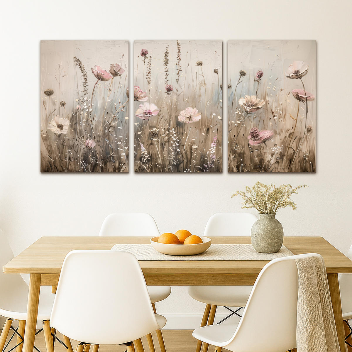 LEINWANDBILD 3er Set Blumen - Beige - Modern - Rosa 120x60 cm - Ecru, Textil (120/60cm) - MuchoWow