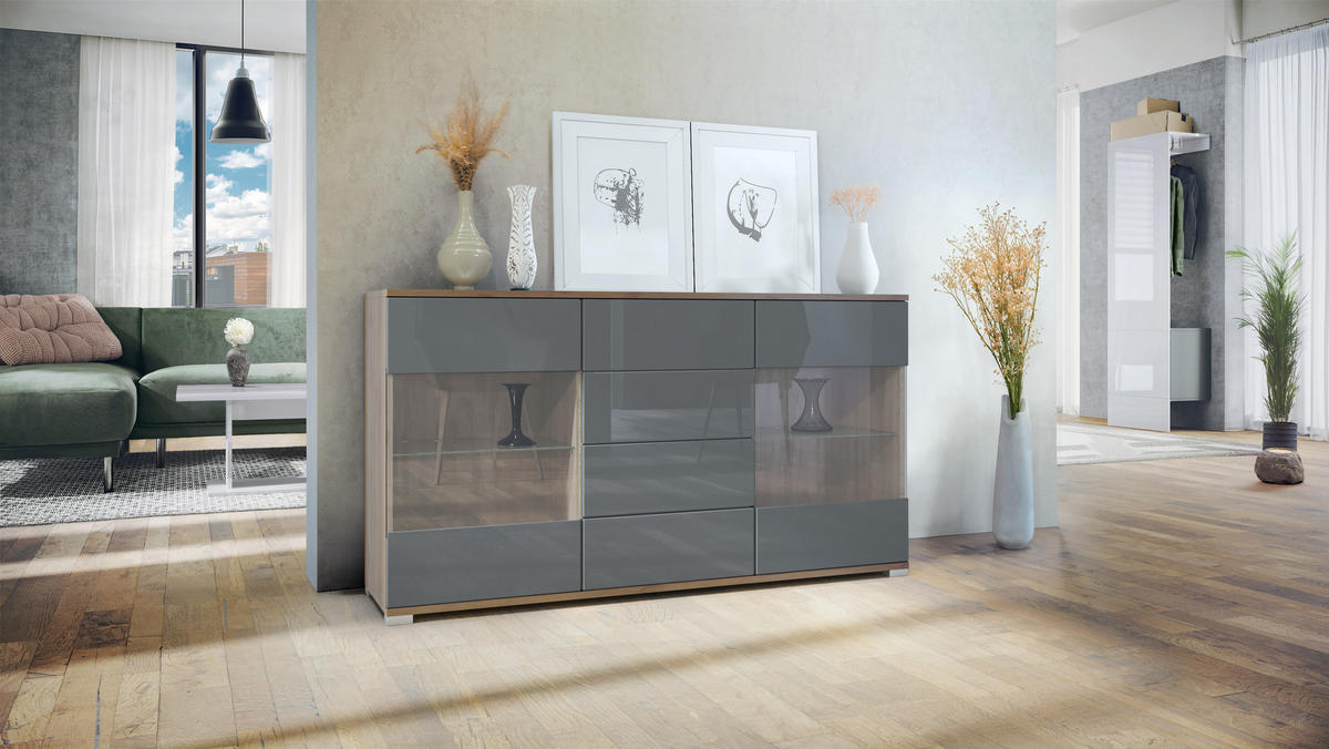 SIDEBOARD Bari Grau Hochglanz - Grau, Holzwerkstoff (138.5/75.5/35cm) - Vladon