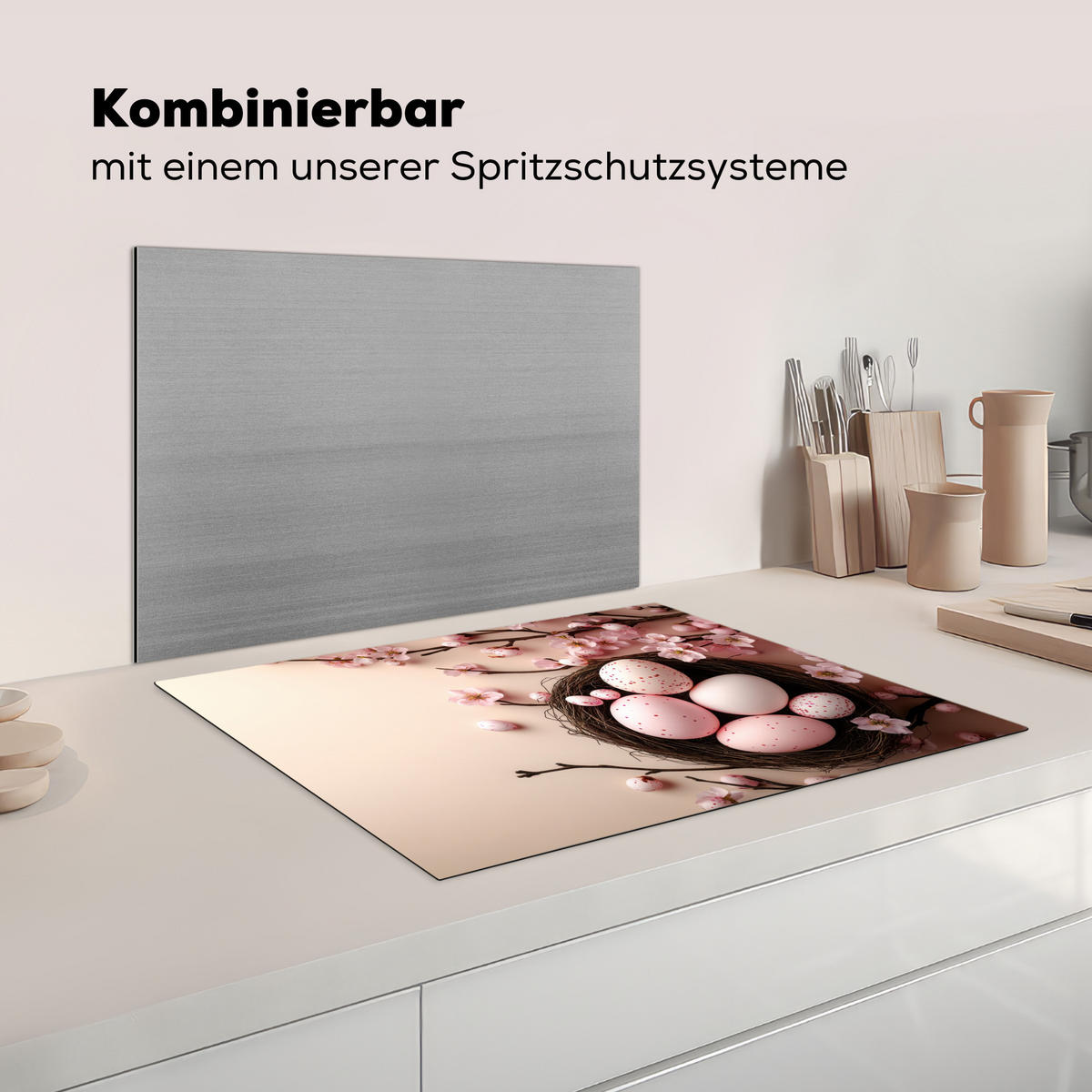 HERDABDECKPLATTE Rosa - Blüten - Eier Induktionsmatte 71x52 cm - Hellrosa, Kunststoff (71/52/0.2cm) - MuchoWow