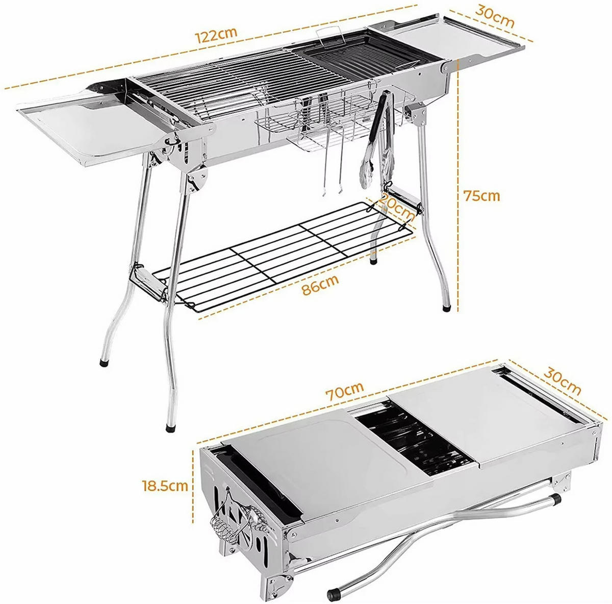 HOLZKOHLEGRILL Edelstahl Campinggrill Klappbar mit Belüftung - Silberfarben, Metall (122/75/30cm) - Kaket