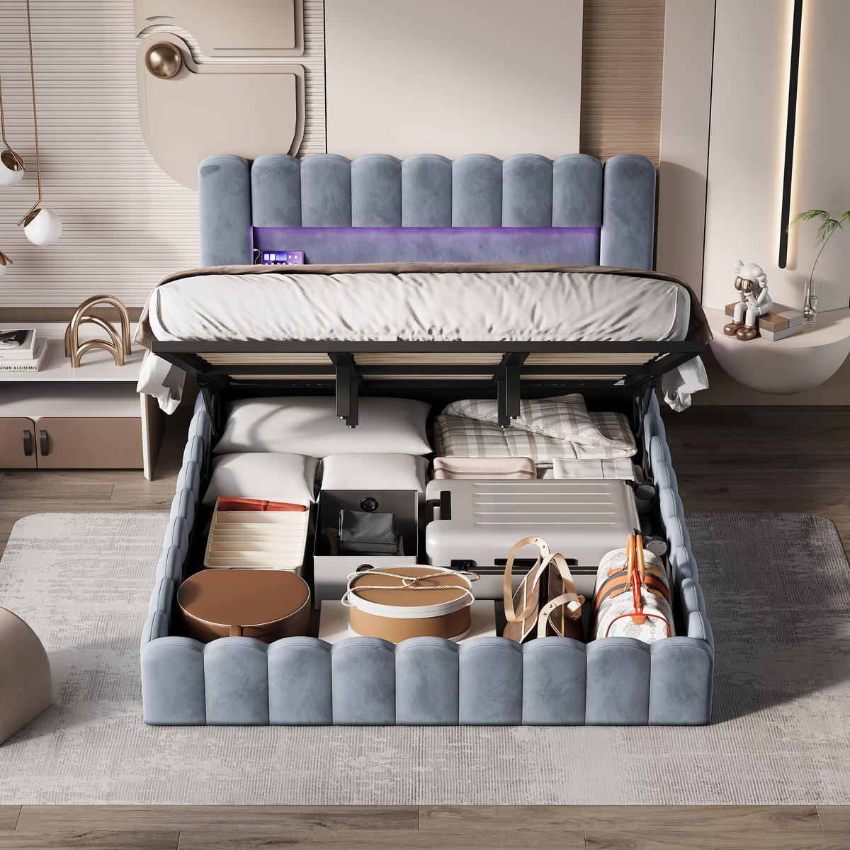 POLSTERBETT 180x200 cm Bett mit LED-Kopfteil, Polsterbett mit Stauraum, Stauraumbett, Sammet, Grau - Grau, Holzwerkstoff (180/200cm) - Novahome
