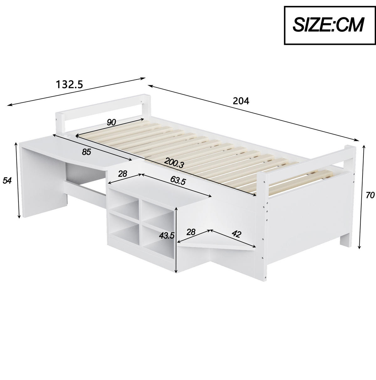 BETT 90/200 cm Weiß mit Schreibtisch, Stauraum und USB-Anschlüssen - Weiß, Holz (90/200cm) - Flora Grace