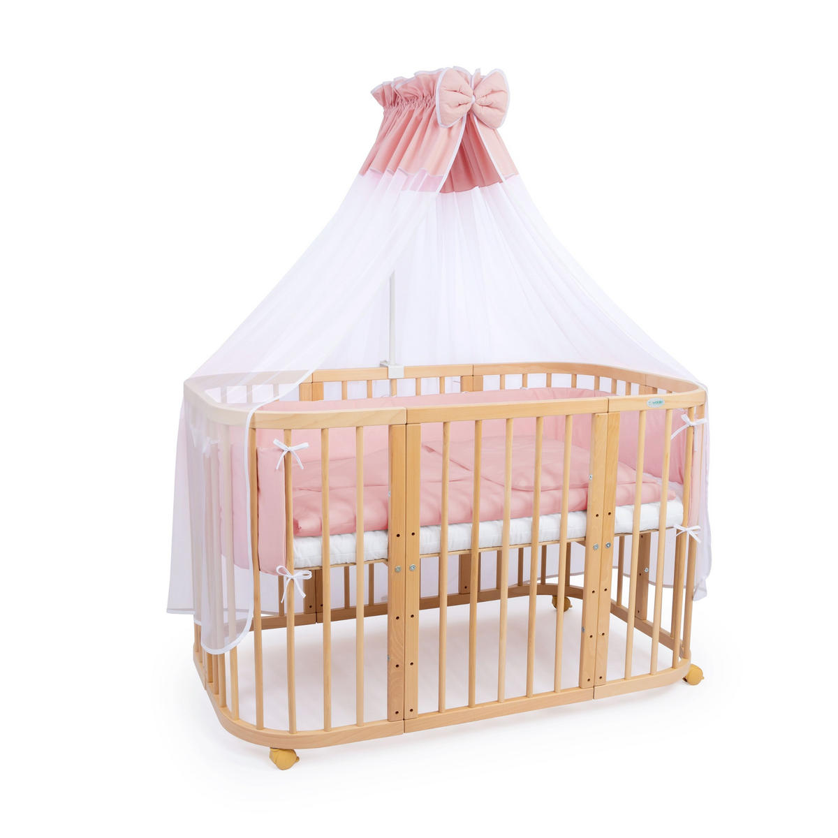 BABYBETT NATUR, 7in1 mit Matratze - Naturfarben/Rosa, Holz (73/123cm) - waldin