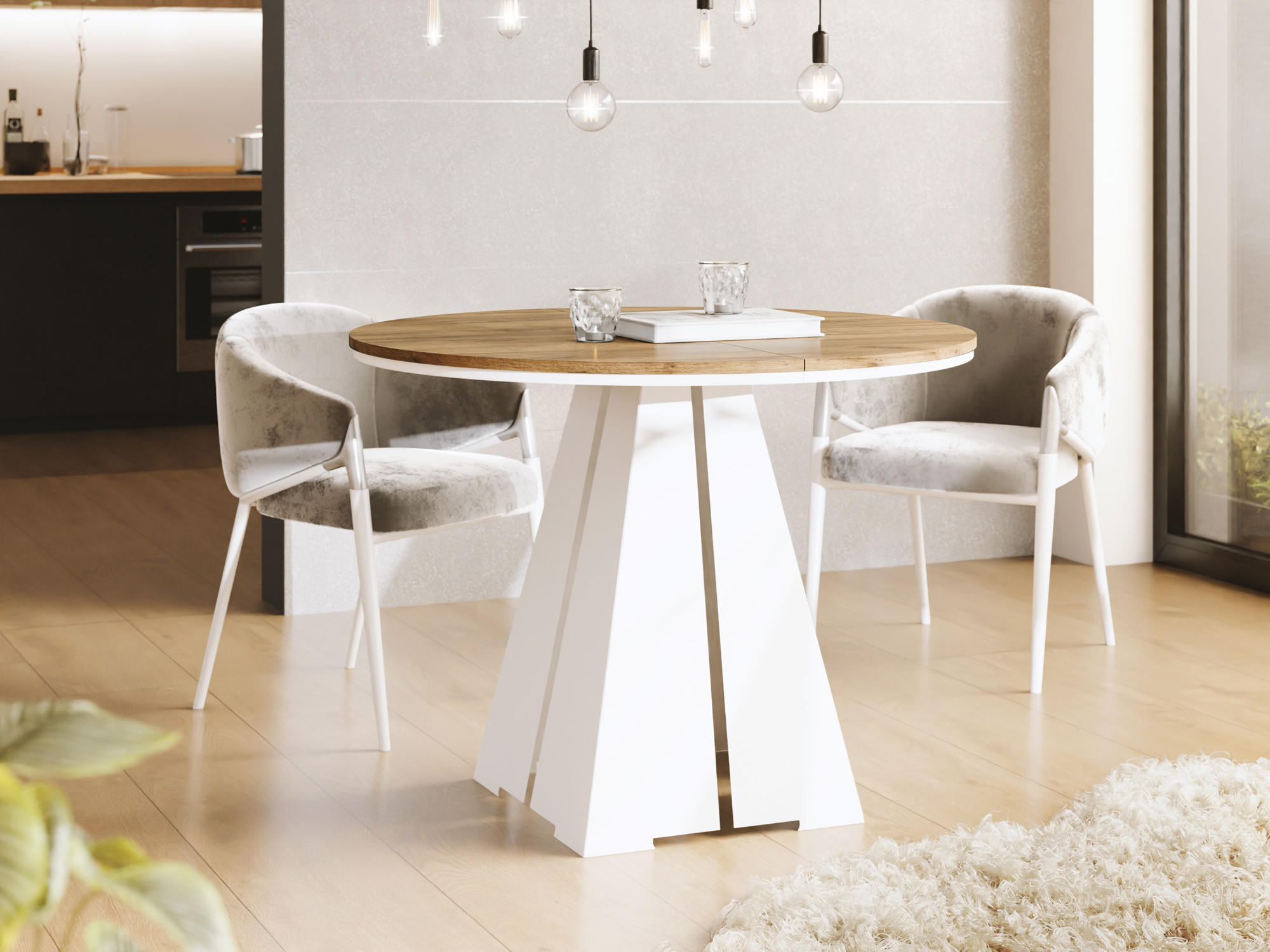 ESSTISCH Kova runder ausziehbarer, Craft Eiche 120-200/120/76 cm - Eiche Wotan/Weiß, Holzwerkstoff/Metall (120/120/76cm) - WFL GROUP