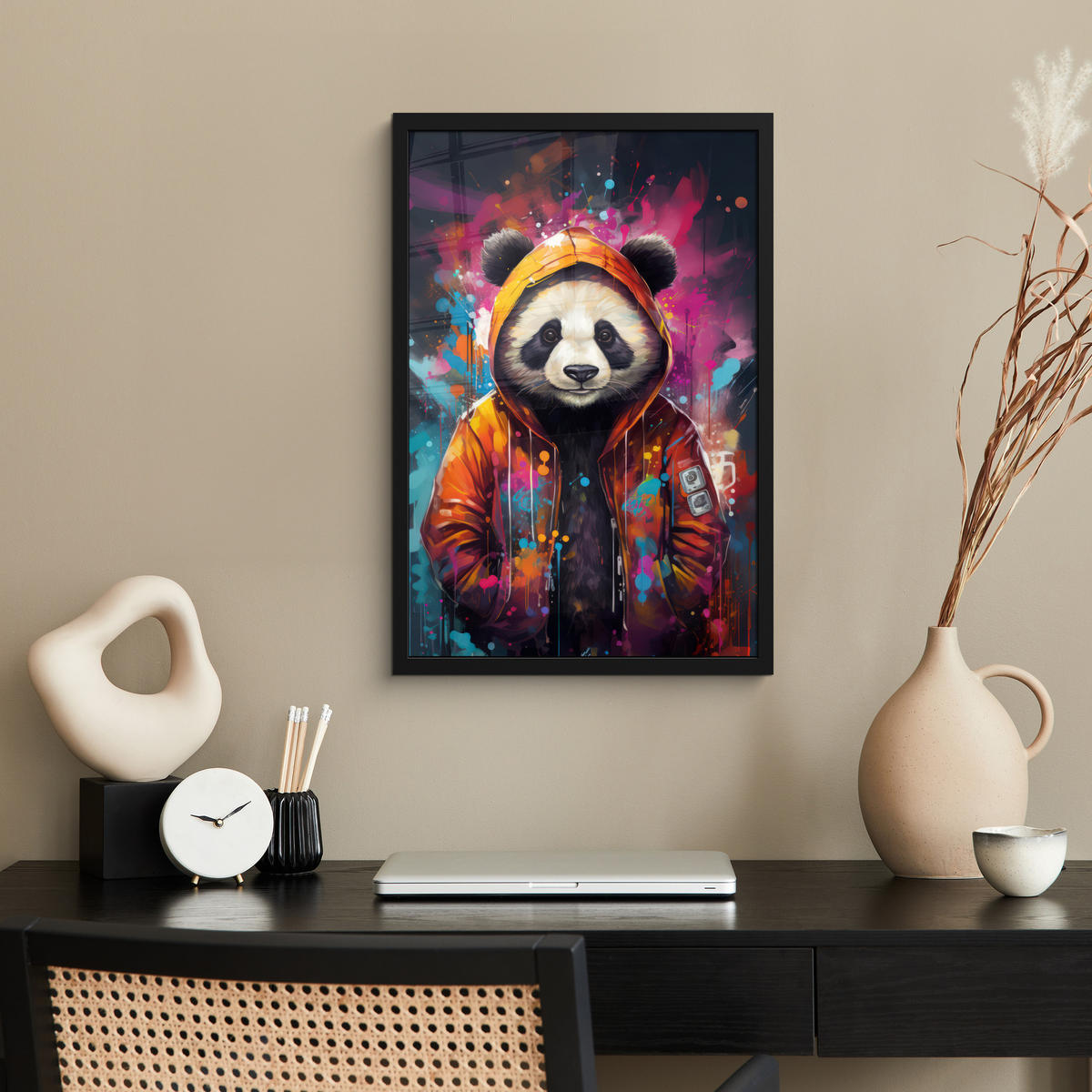 GERAHMTES BILD Panda - Jacke - Graffiti - Orange 40x60 cm - Orange, Papier (40/60cm) - MuchoWow