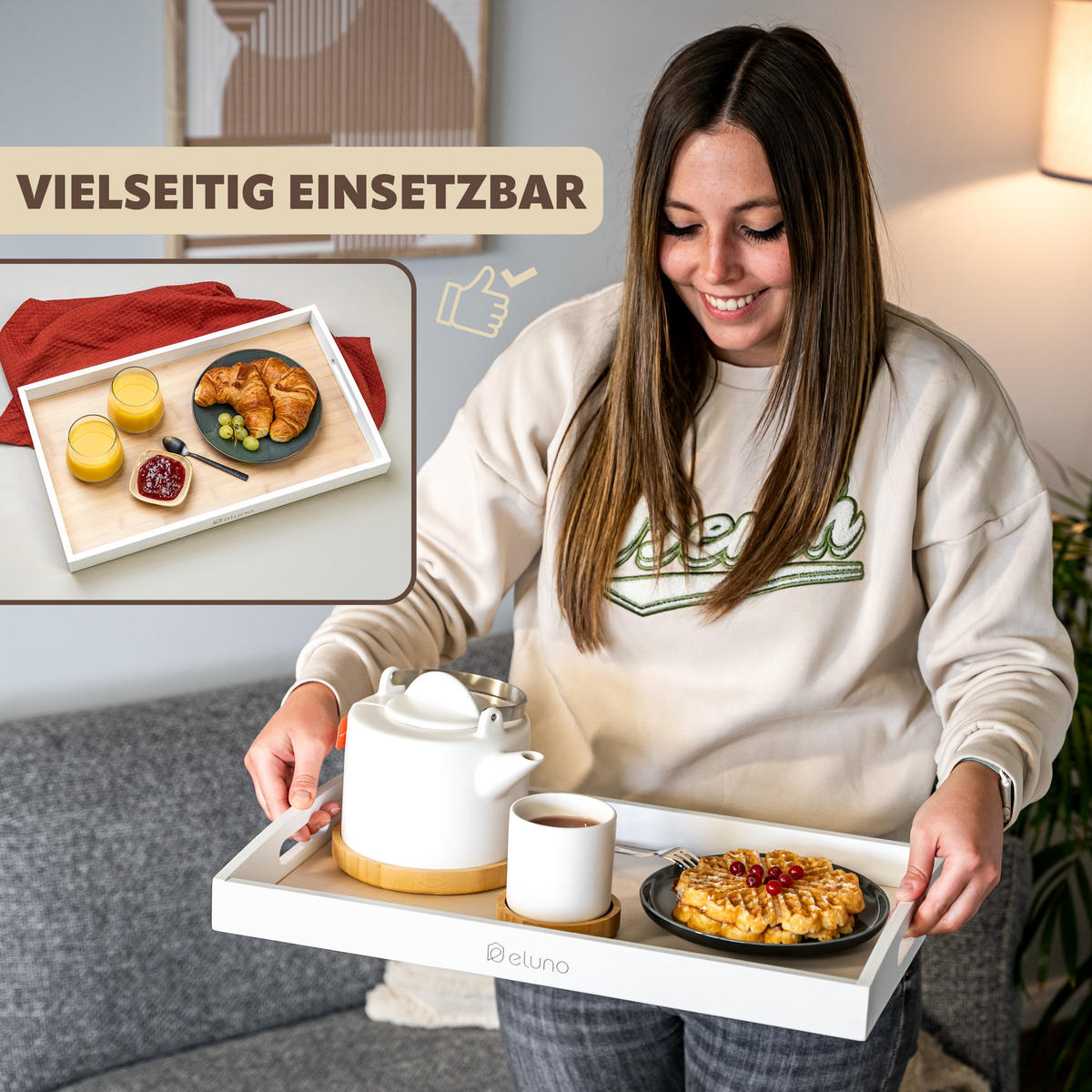 SERVIERTABLETT mit Griffmulden - Weiß, Naturmaterialien (50/5/30cm) - eluno