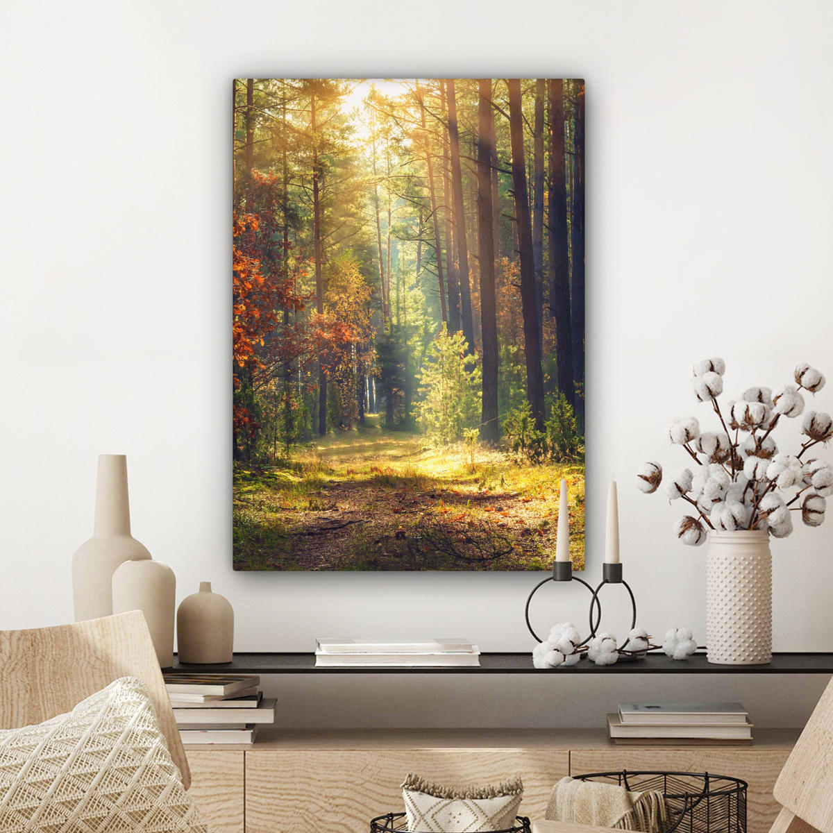 LEINWANDBILD Wald - Herbst - Bäume Wandbild Wohnzimmer 60x80 cm - Dunkelgrün, Textil (60/80cm) - MuchoWow