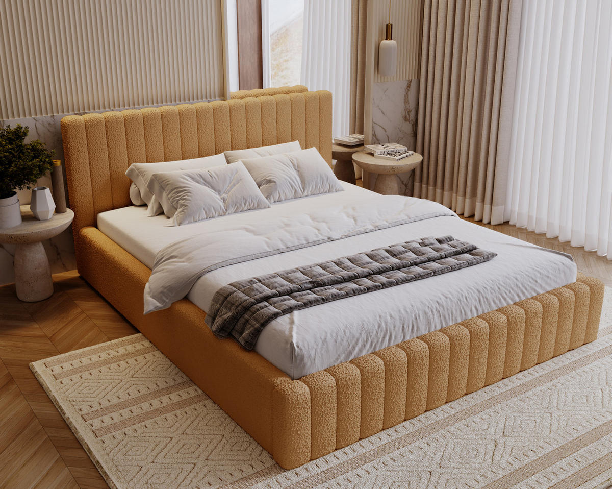 POLSTERBETT 140x200 Billo mit Bettkasten, Boucle Orange - Orange, Holz/Textil (140/200cm) - Emporius