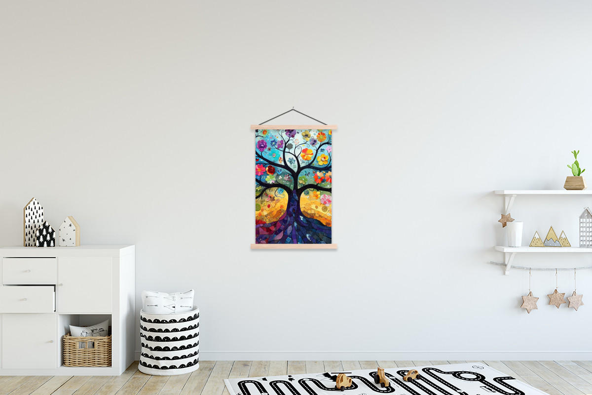 POSTER Kunst - Baum des Lebens - Blumen - Hippie 60x90 cm - Dunkelblau, Textil (60/90/0.15cm) - MuchoWow