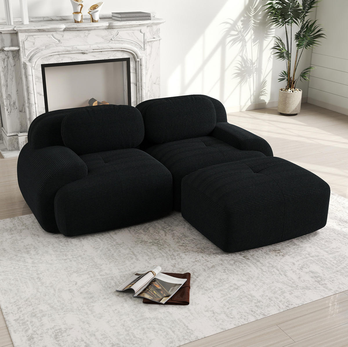 ECKSOFA modular rahmenlos Cord Black - Schwarz, Kunststoff (178/208.1cm) - Meubliv