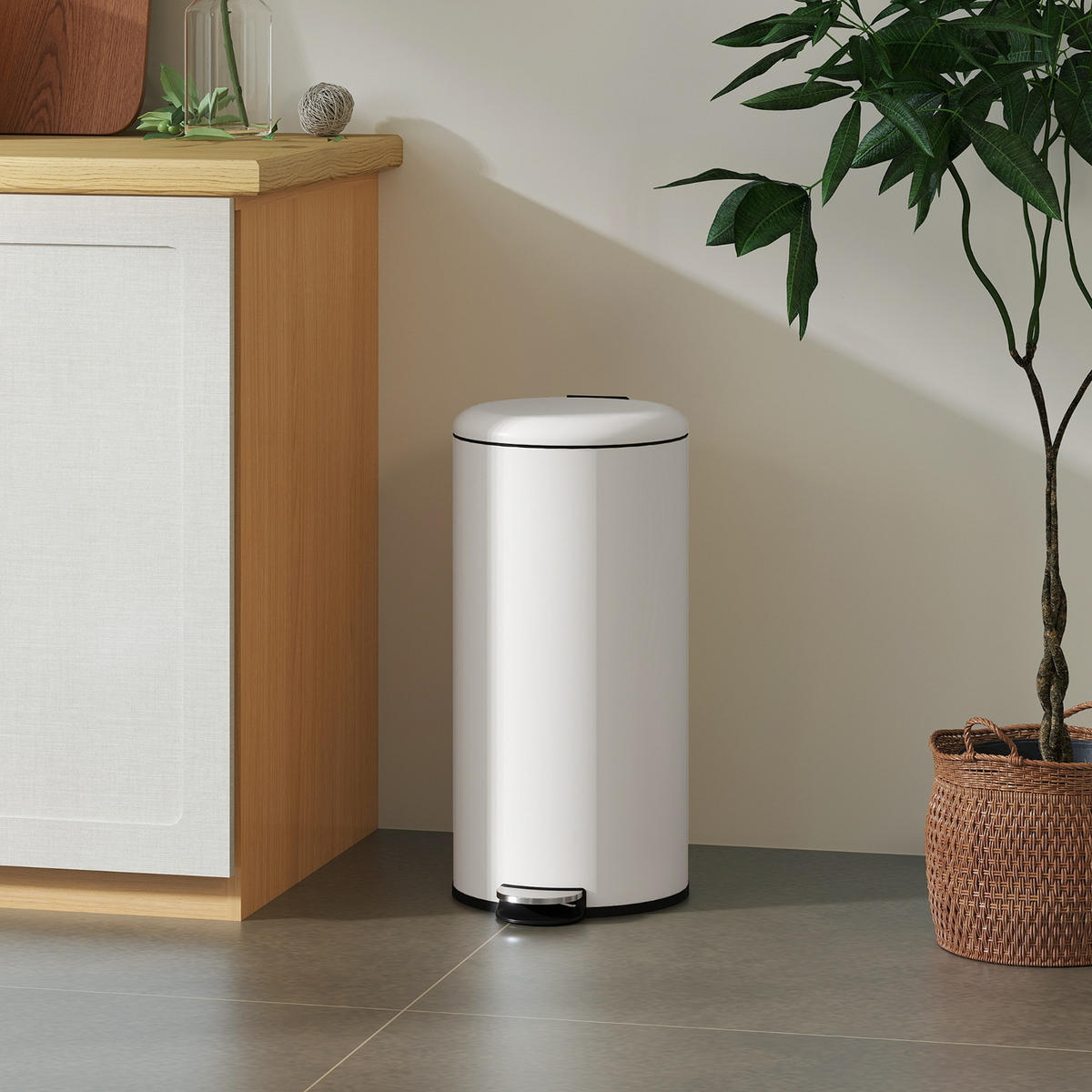 TRETEIMER 30 Liter 36/63,5/30 cm Metall Cremeweiß mit Absenkautomatik für Küche und Büro - Creme, Metall (30/63.5/36cm) - Rolipo
