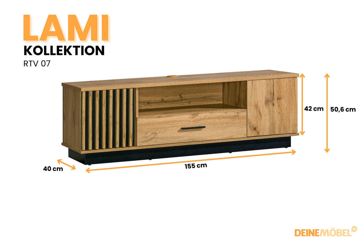 TV-LOWBOARD LAMI 7 155/51/42 cm in Wotan Eiche / Schwarz Matt mit Lamellen - Eiche Wotan/Schwarz, Holzwerkstoff (142/51/40cm) - Deine Möbel 24