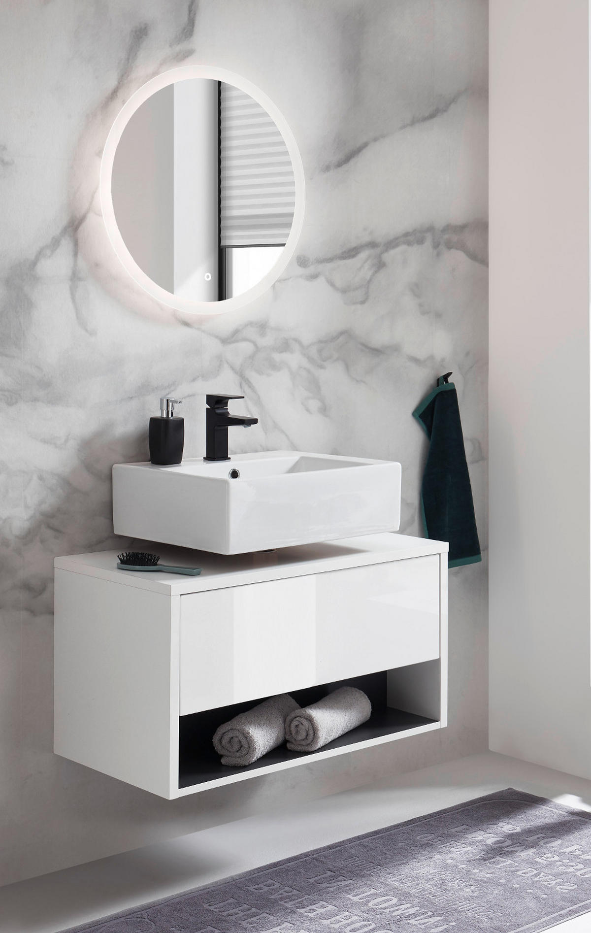 BADMÖBEL Set 2-teilig in weiß Hochglanz und grau mit LED Beleuchtung 80 x 190 cm Glide - Weiß Hochglanz/Grau, Glas/Holzwerkstoff (80/190/46cm) - Furn.Design