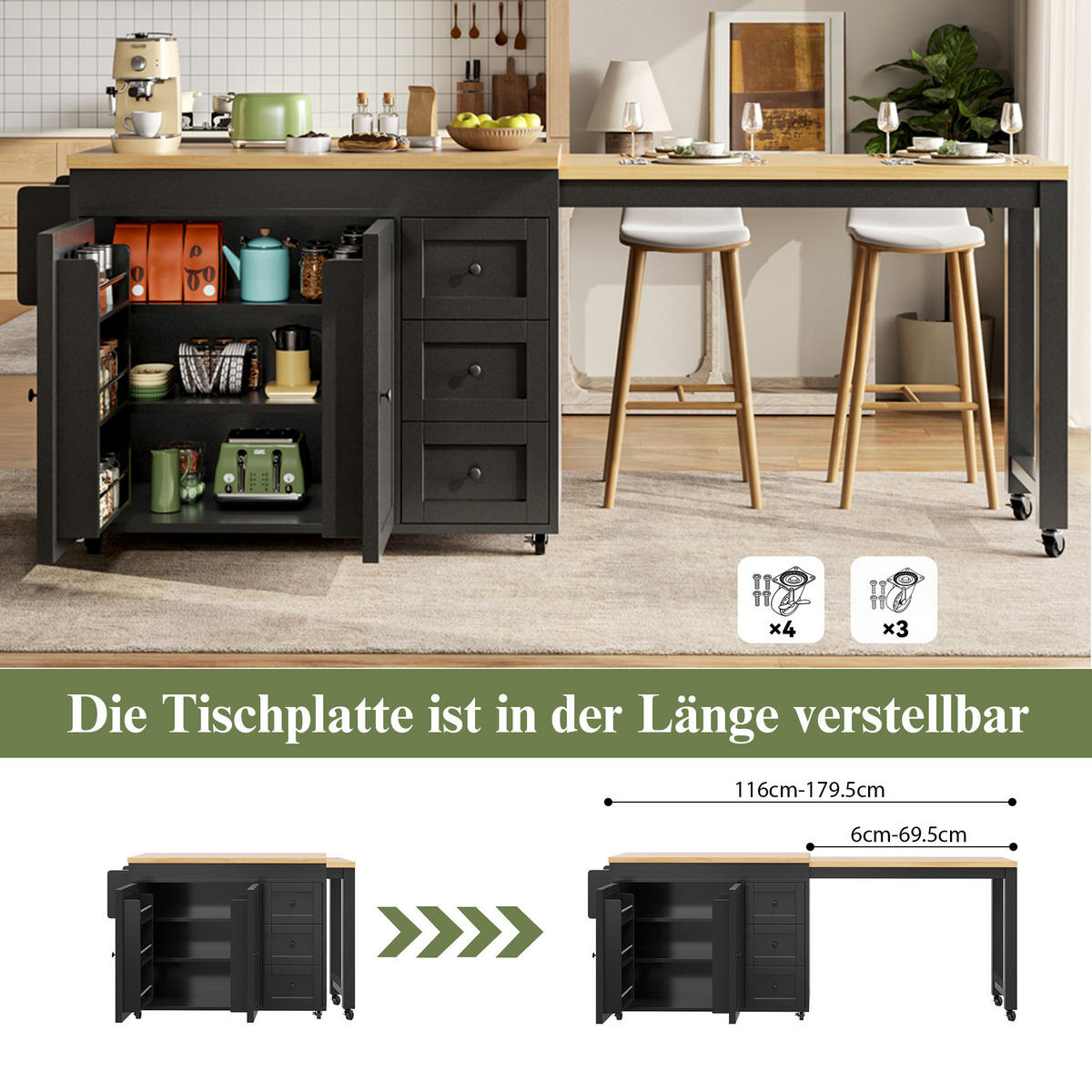 KÜCHENINSEL Ausziehbar 116 179cm Stauraum Schubladen Weiß - Schwarz, Metall (116/89/45cm) - FLIEKS