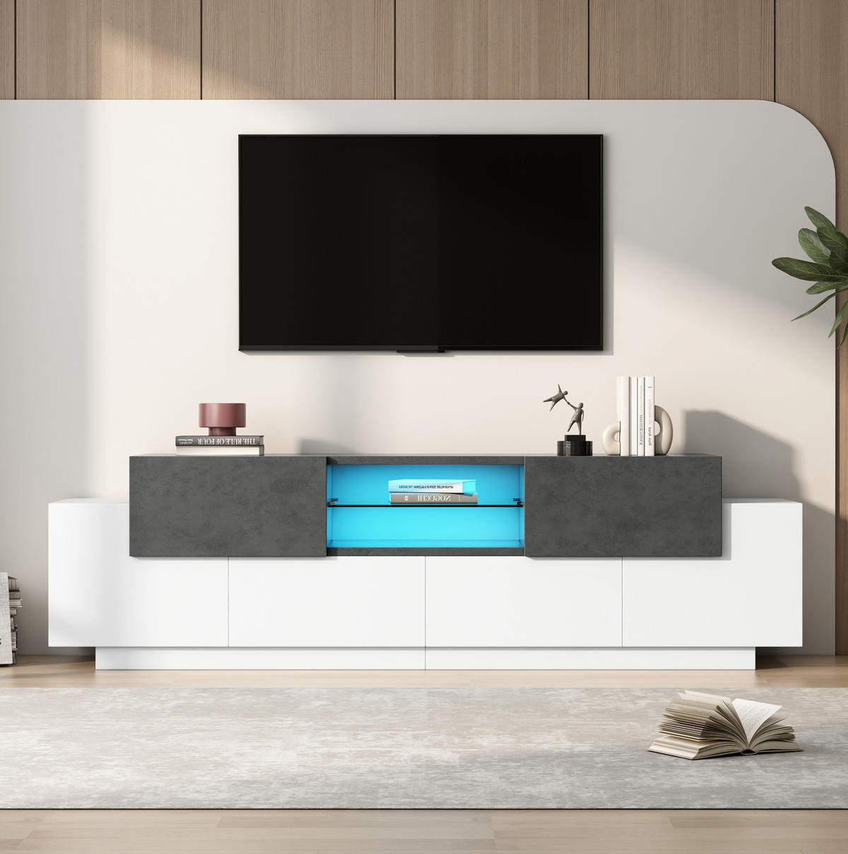 TV-LOWBOARD aus Spanplatte 180x40x45 cm Weiß/Grau mit RGB-LED-Beleuchtung, Glasablagen und viel Stauraum - Weiß, Holzwerkstoff (180/45/40cm) - Modfu
