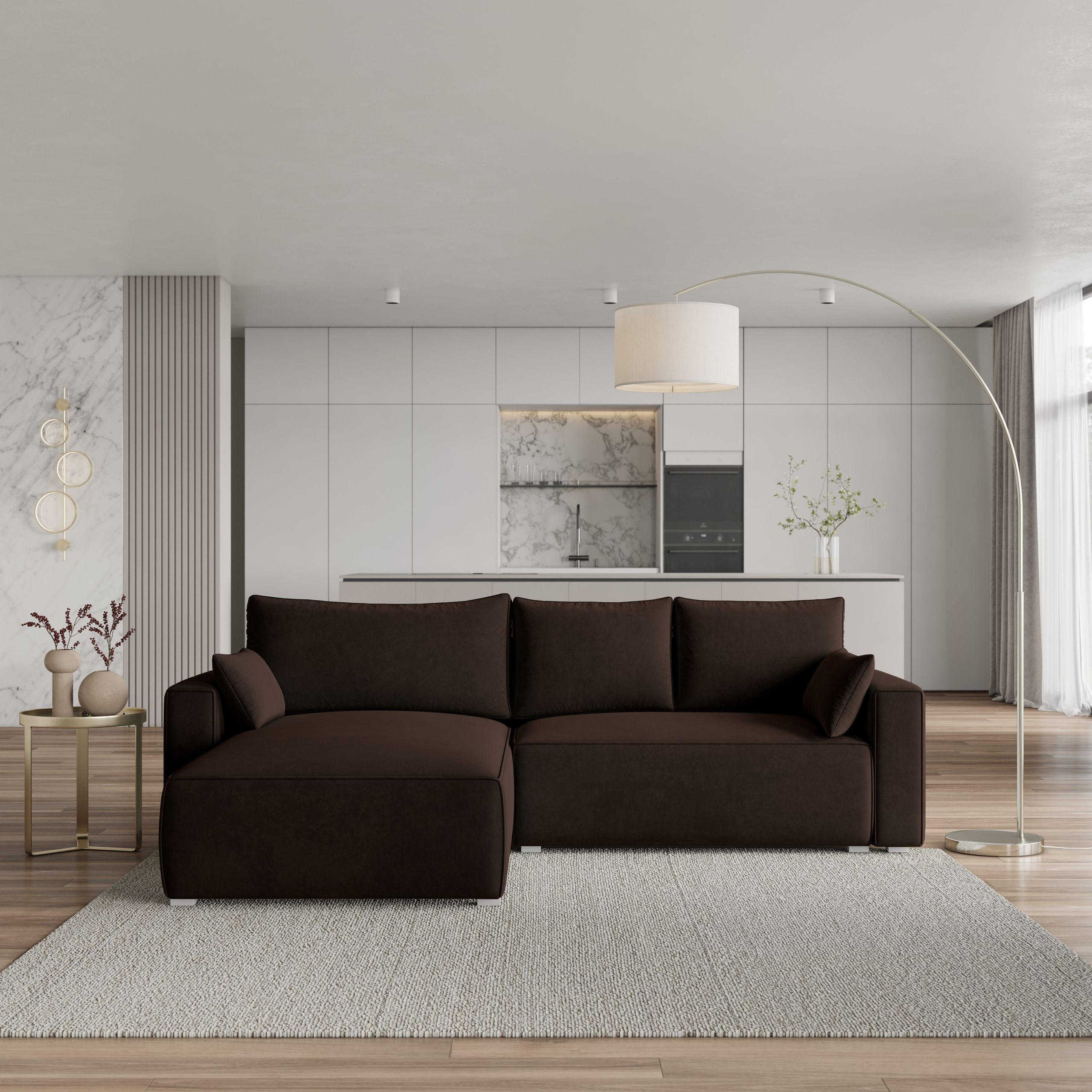 ECKSOFA FORIL Braun Velours-Stoff mit Schlaffunktion - Braun, Holz (265/178cm) - MASSENO