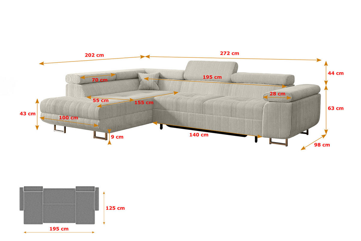 ECKSOFA mit Schlaffunktion und Bettkasten GUSA-L 272x202x107 cm Grau Cord - Silberfarben/Hellgrau, Holzwerkstoff/Textil (202/272cm) - ALTDECOR